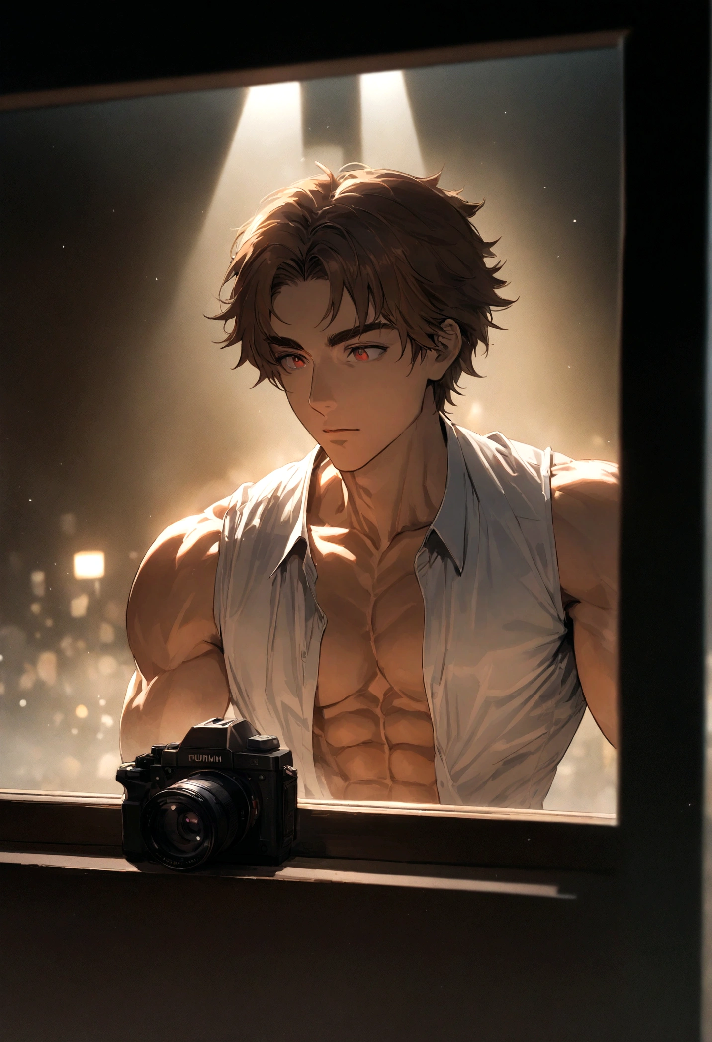 A handsome boy with abs, 25 ans, spiky brown hair, yeux noisette clair, pose masculine, Mysterious lighting, muscular physique, regarder la caméra, gros plan du haut du corps, polonais, 8K UHD, Appareil photo reflex, soft lighting, High quality, Grains de films, Fujifilm XT3