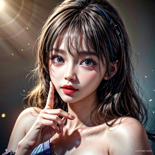 (highest quality,Super detailed,Physically Based Rendering:1.2), (RAW, Realistic, Photorealistic:1.37), (Acutance:0.85),Portraiture,Beautiful young woman with Delicate facial features,Soft lighting, ((Playfully licking finger with tongue, Gently placing a finger in the mouth)), (Close-up shot of sensual lips),Cheeks turn slightly red,A gentle and captivating gaze, cute Like finger . Studio gray background, Light Particles, many blurred colorful Lights (dazzling bokeH) . BREAK . (((NOGIZAKA face variations))) Extremely Detailed very KAWAII face variations, elaborate detailed Eyes with (sparkling highlights:1.2), (Voluminous long eyelashes:0.9)、Glossy RED Lips with beautiful details, Coquettish tongue, Rosy cheeks, Radiant PearlSkin with clear transparency, (Natural:0.7) Detailed FlawlessSkin with glowing DowneyHair . { (Dynamic LifeLike expressions) | :d) }, (large eyes:-1) . mouth_hold, colorful hair colors,