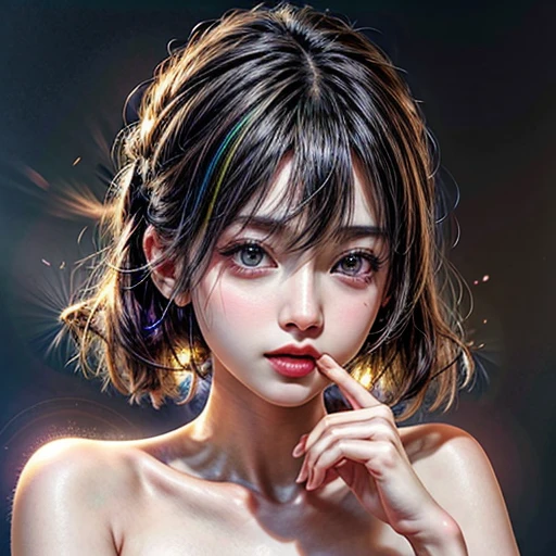 (highest quality,Super detailed,Physically Based Rendering:1.2), (RAW, Realistic, Photorealistic:1.37), (Acutance:0.85),Portraiture,Beautiful young woman with Delicate facial features,Soft lighting, ((Playfully licking finger with tongue, Gently placing a finger in the mouth)), (Close-up shot of sensual lips),Cheeks turn slightly red,A gentle and captivating gaze, cute Like finger . Studio gray background, Light Particles, many blurred colorful Lights (dazzling bokeH) . BREAK . (((NOGIZAKA face variations))) Extremely Detailed very KAWAII face variations, elaborate detailed Eyes with (sparkling highlights:1.2), (Voluminous long eyelashes:0.9)、Glossy RED Lips with beautiful details, Coquettish tongue, Rosy cheeks, Radiant PearlSkin with clear transparency, (Natural:0.7) Detailed FlawlessSkin with glowing DowneyHair . { (Dynamic LifeLike expressions) | :d) }, (large eyes:-1) . mouth_hold, colorful hair colors,