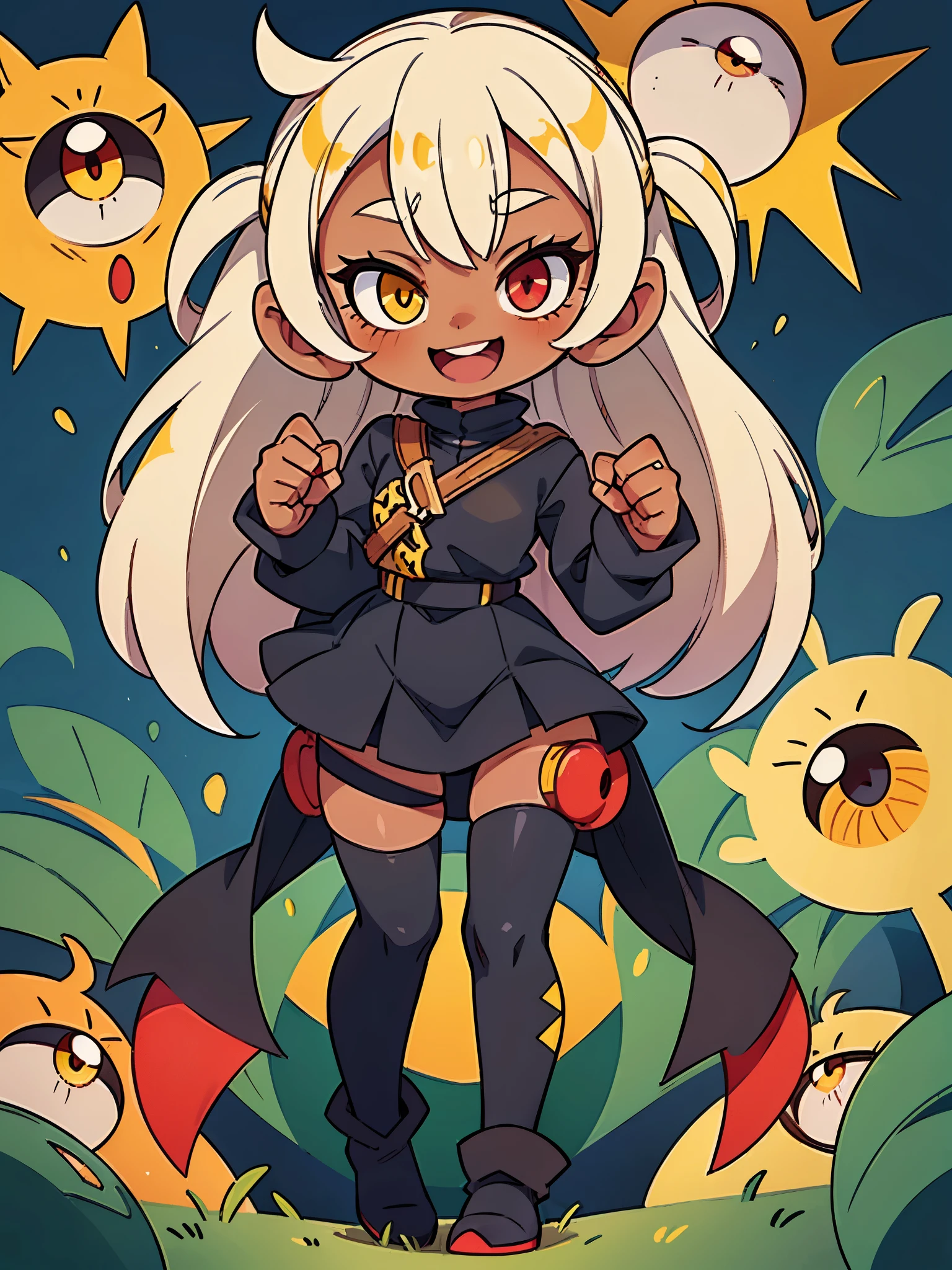 best quality, official art, masterpiece, Stand in front of the photo, 1 five year old girl, full body, (dark skin), white hair, (((Heterochromia in the eyes, yellow left eye and red right eye, best quality, ultra-detailed red and yellow eyes, very detailed eyes, yellow left eye and red right eye, yellow eyes, red eyes))), long black boots, big smile, kawaii pose, child's body, (ideal body proportion), Girl in dark skin, white hair, wearing a black medieval dress, looking at the viewer.