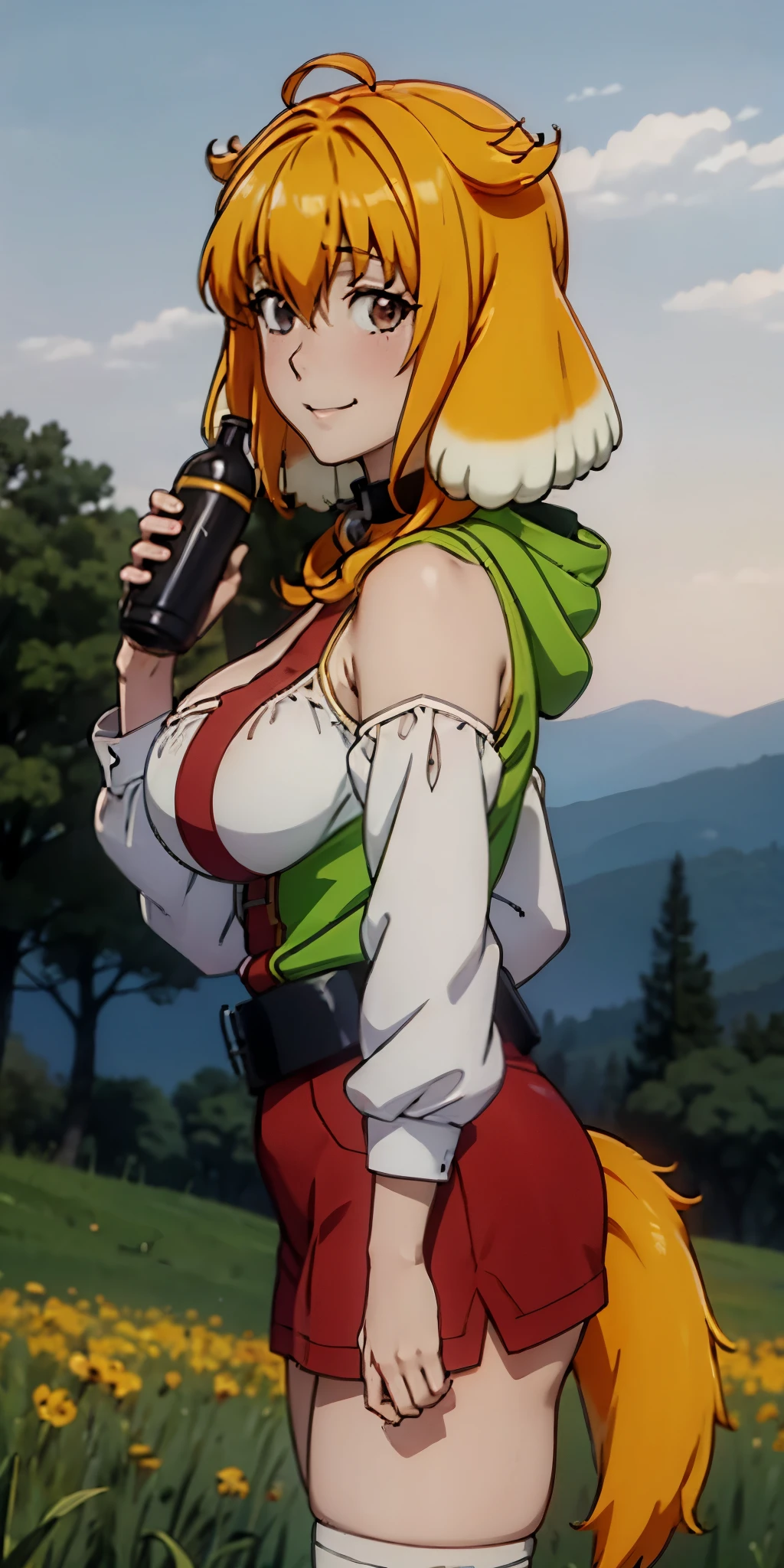 score_9, score_8_up, score_7_up, BREAK, source_anime,1girl,  field, sunset, solo focus,  smile, blush, standing (from side) looking at viewer, large breasts, ahoge, hair over one eye,  cross, hood, jewelry, cow print long sleeves and stockings, fine anime screencap_xl, anime screencap, holding a bottle with milk inside, Roxanne fluffy dog ears, dog tail, red leather choker with golden neck bell