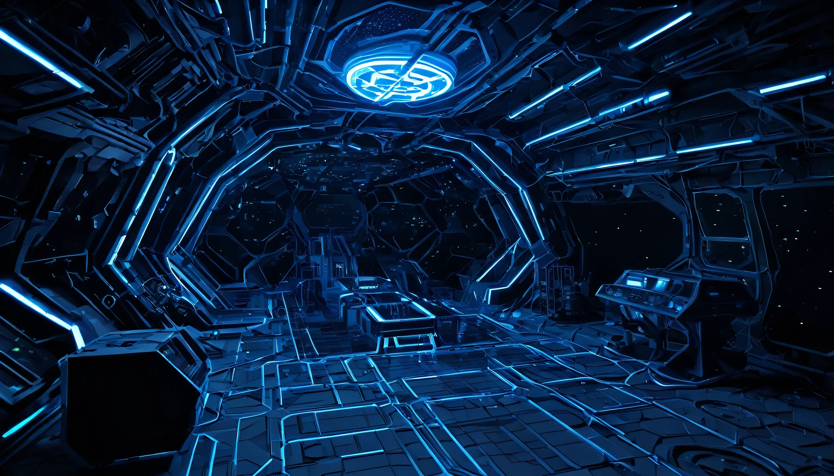3d game asset of a low poly mesh of a interior of strange alien space battleship, the spaceship ressembles a dark ant nest with high-tech Pipes, eletric wires and lights mixed with some ant-lizard bioluminescent wall as part of ITS structure, painel and objects, automatic Doors, and transparents walls, dark and fearfull modo, mysteries and sinister
