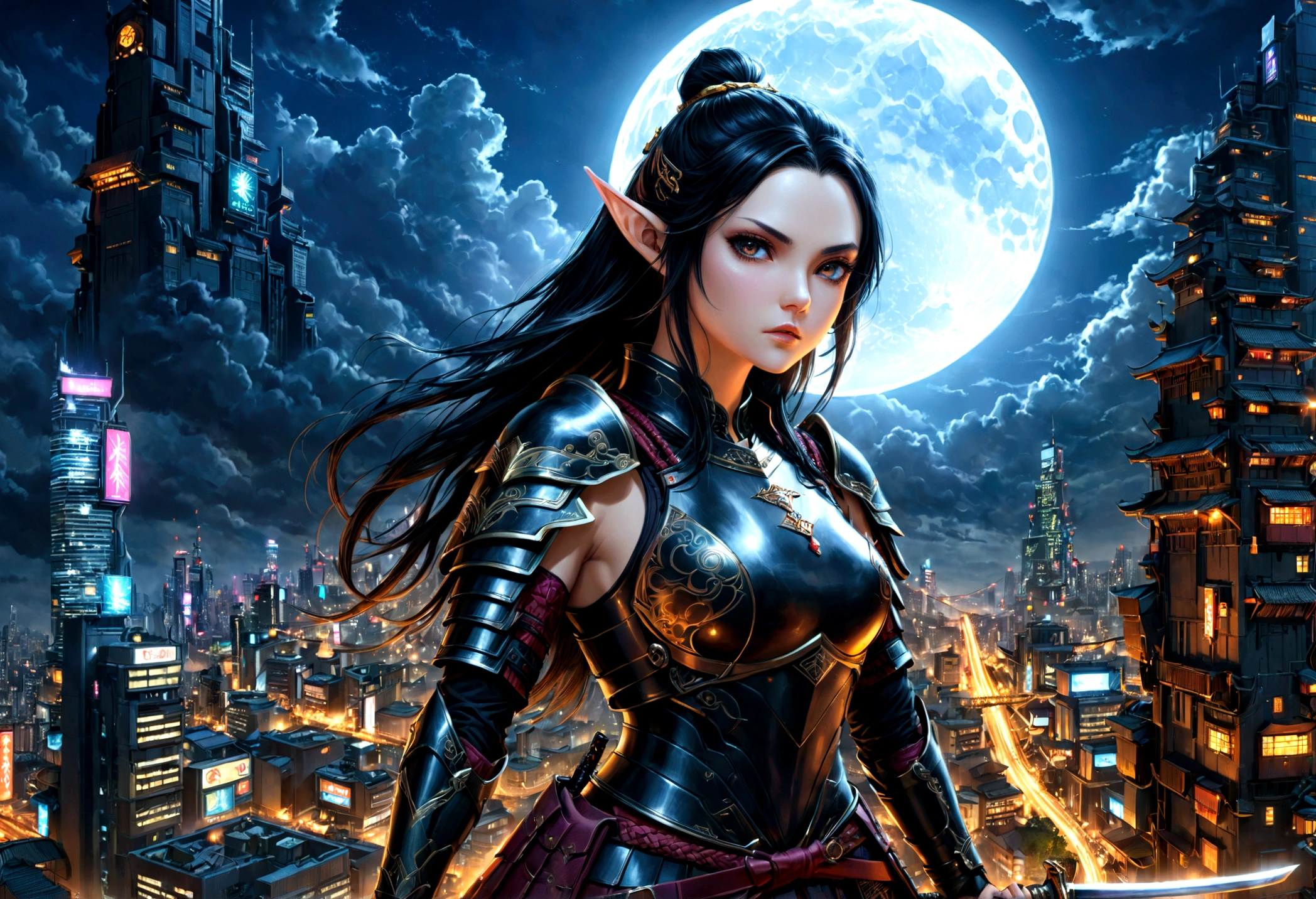 fantasy art, RPG art, dark fantasy art, a female elf samurai, ready to battle, she wears traditional samurai armor, she wears armored skirt, armed with a katana, she stands on top of a tower in a cyberpunk city, exquisite beautiful female elf, long hair, black hair, straight hair, braided hair, black eyes, intense eyes, small pointed ears, cyberpunk city at night, background, moon, stars, clouds, god rays, soft natural light, dynamic angle, photorealism, panoramic view, ultra best realistic, best details, 16k, [ultra detailed], masterpiece, best quality, (extremely detailed), photorealism, 