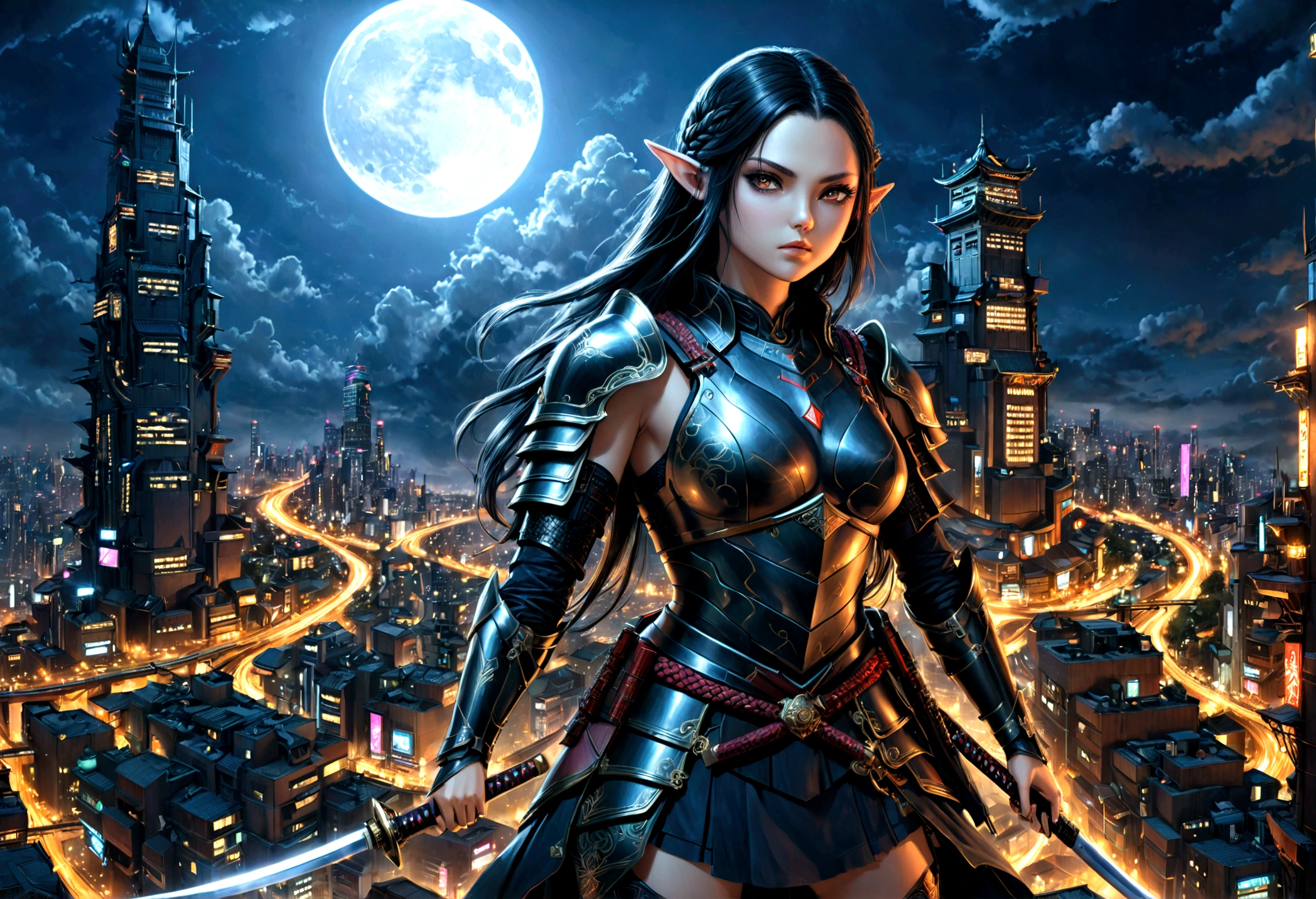 fantasy art, RPG art, dark fantasy art, a female elf samurai, ready to battle, she wears traditional samurai armor, she wears armored skirt, armed with a katana, she stands on top of a tower in a cyberpunk city, exquisite beautiful female elf, long hair, black hair, straight hair, braided hair, black eyes, intense eyes, small pointed ears, cyberpunk city at night, background, moon, stars, clouds, god rays, soft natural light, dynamic angle, photorealism, panoramic view, ultra best realistic, best details, 16k, [ultra detailed], masterpiece, best quality, (extremely detailed), photorealism, 
