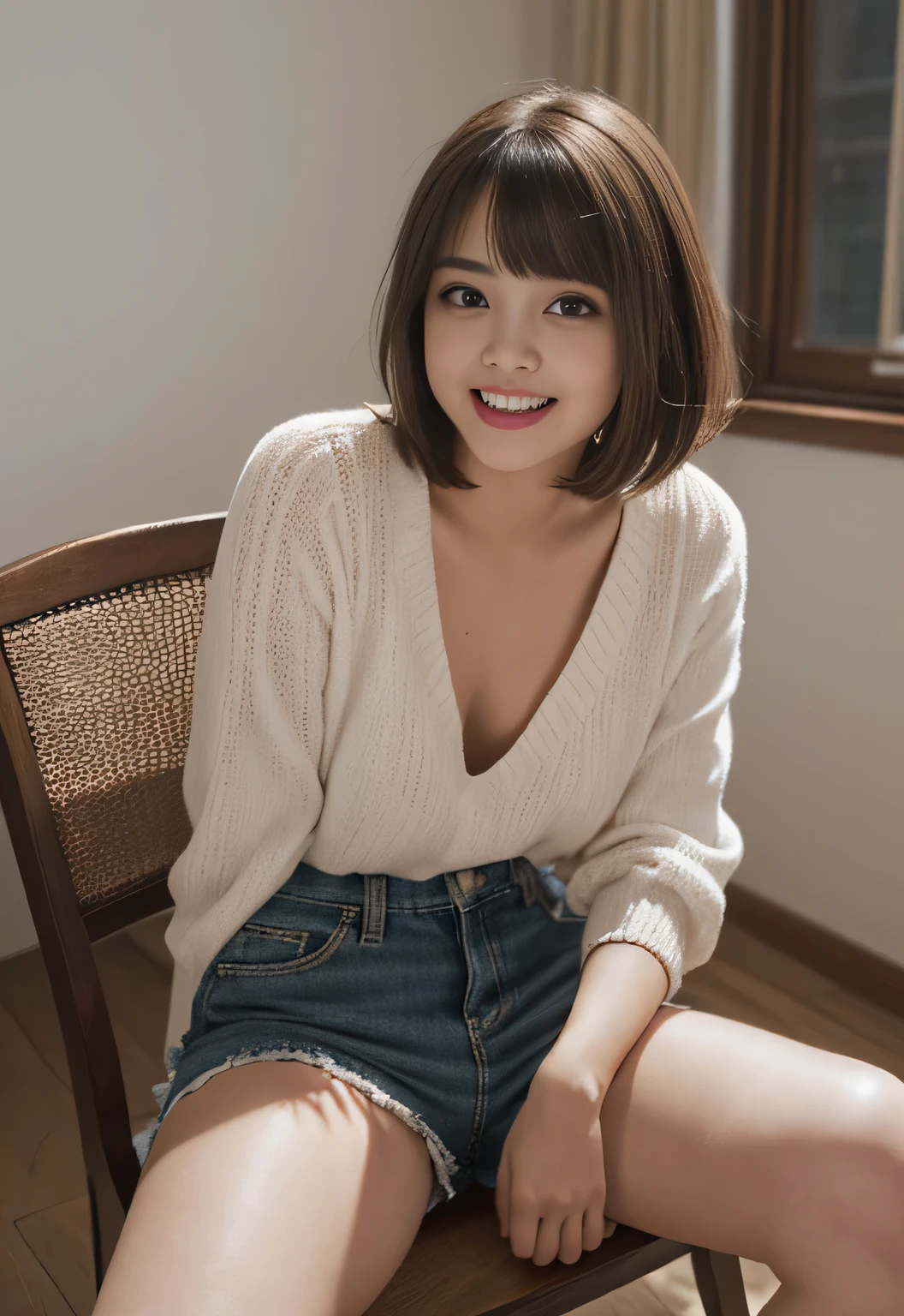 Browsing Caution,(In 8K、highest quality、masterpiece、Realistic、Super familiar、Photorealistic), ((1 girls Cute Face:Laughter:Showing teeth),,{{girl, whole body, naked, nude,tits }},{{(Beautiful and delicate eyes:Double Eyes:1.5}}),{{short hair}}, {{Bowl Cut}}, {{Straight hair}},{{short bangs above the eyebrows,,}},(Lighting from below), , Soft Front Light, Beautiful expression, Cute Face,: {{}}, Short brown hair and big eyes, Black hair and big eyes, Stunning face portrait, cute Realistic portrait, , Realistic young girl, Realistic face,, {Realistic and beautiful big eyes}, {{{White mini skirt::Open your legs, you can see your panties:}}} ,{sitting on a wooden chair:1.5}},,{{Spread your legs, I can see your pants:1.5}}