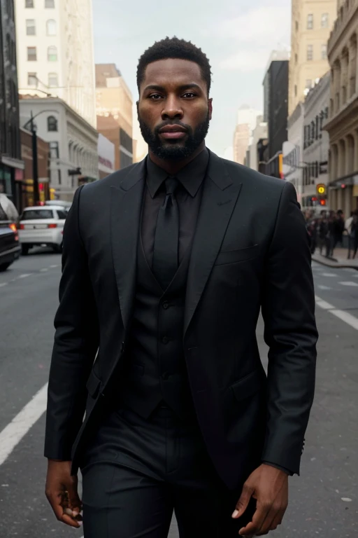 a tall handsome black man with a beard in a sleek black suit, standing in front of a shiny black lamborghini supercar on a busy new york city street, confident and stylish pose, dramatic cityscape background, (best quality,8k,highres,masterpiece:1.2),ultra-detailed,(realistic,photorealistic,photo-realistic:1.37),hyper-detailed portrait,striking facial features,sharp eyes,full lips,perfect skin,dynamic lighting,vibrant colors,cinematic composition