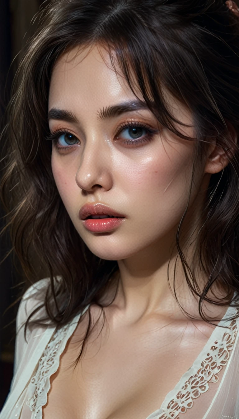a woman suffering from sex addiction, beautiful detailed eyes, beautiful detailed lips, extremely detailed eyes and face, long eyelashes, melancholic expression, disheveled hair, partially open blouse, sensual pose, moody lighting, dramatic chiaroscuro, cinematic composition, muted color palette, oil painting, masterpiece, 8k, high-quality, photorealistic, hyper-detailed, intricate details, dramatic lighting, emotional, melancholy, intimate