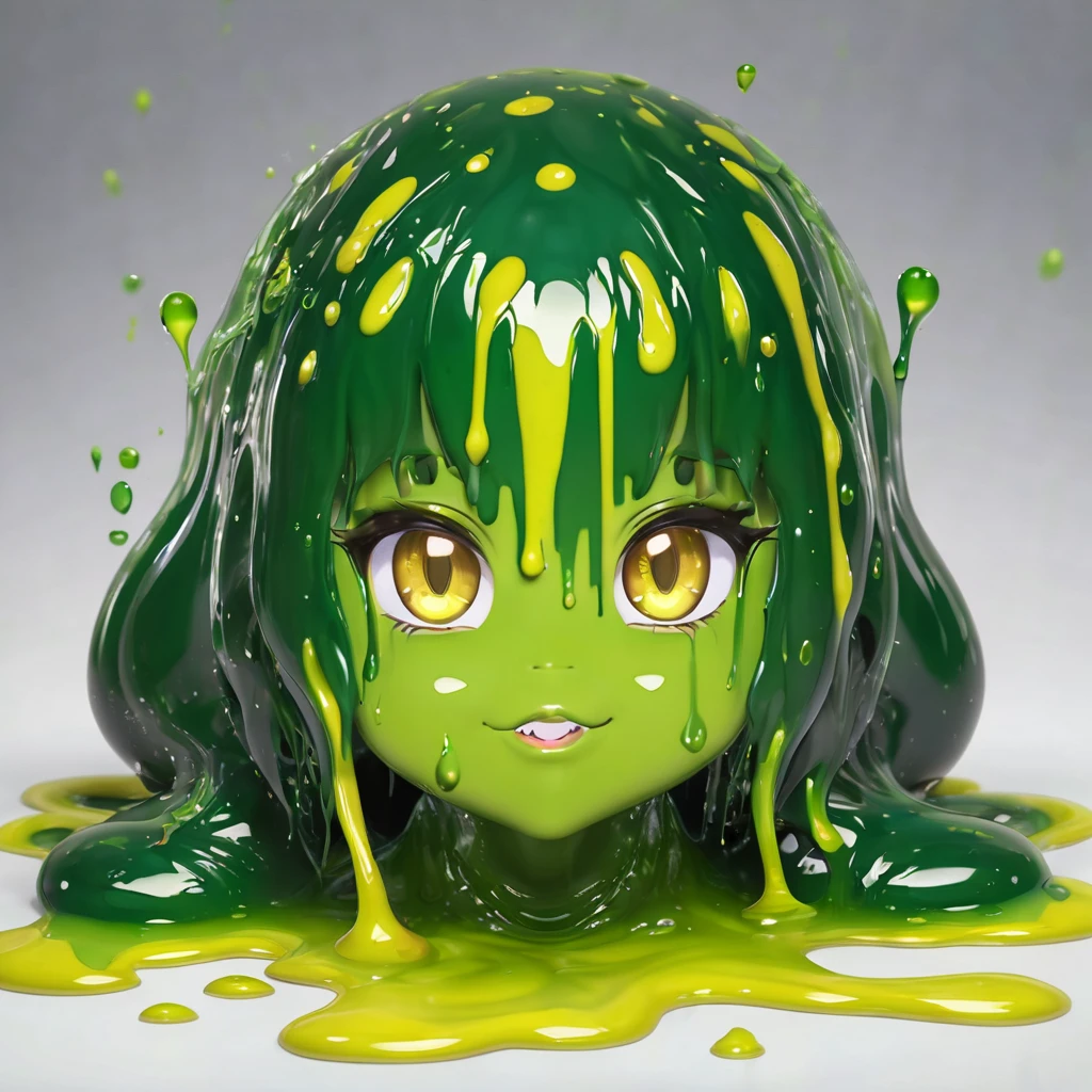Slime, (monster girl), green slime with darker green, dripping with yellow ooze, clothed, masterpiece, best quality