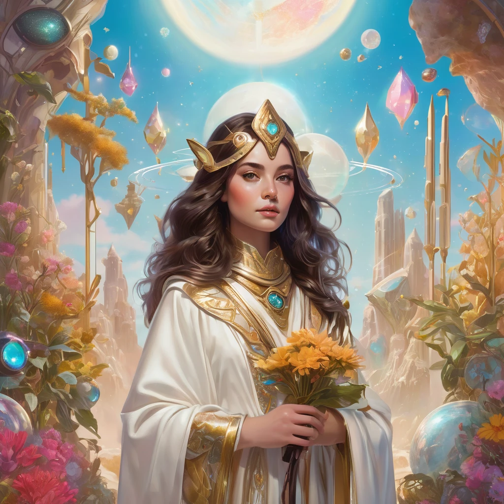 A hyper realistic girl in a medieval time with futuristic technology and environment of soft pastel colors and bright colors of white skin and dark brown wavy hair, ojos color marron tono miel, and rosy cheeks dressed in white and gold robes holding a staff of many colored crystals with a microphone near her face and a bag on a pastel background on an unknown planet with plants around her and spiritual guardians