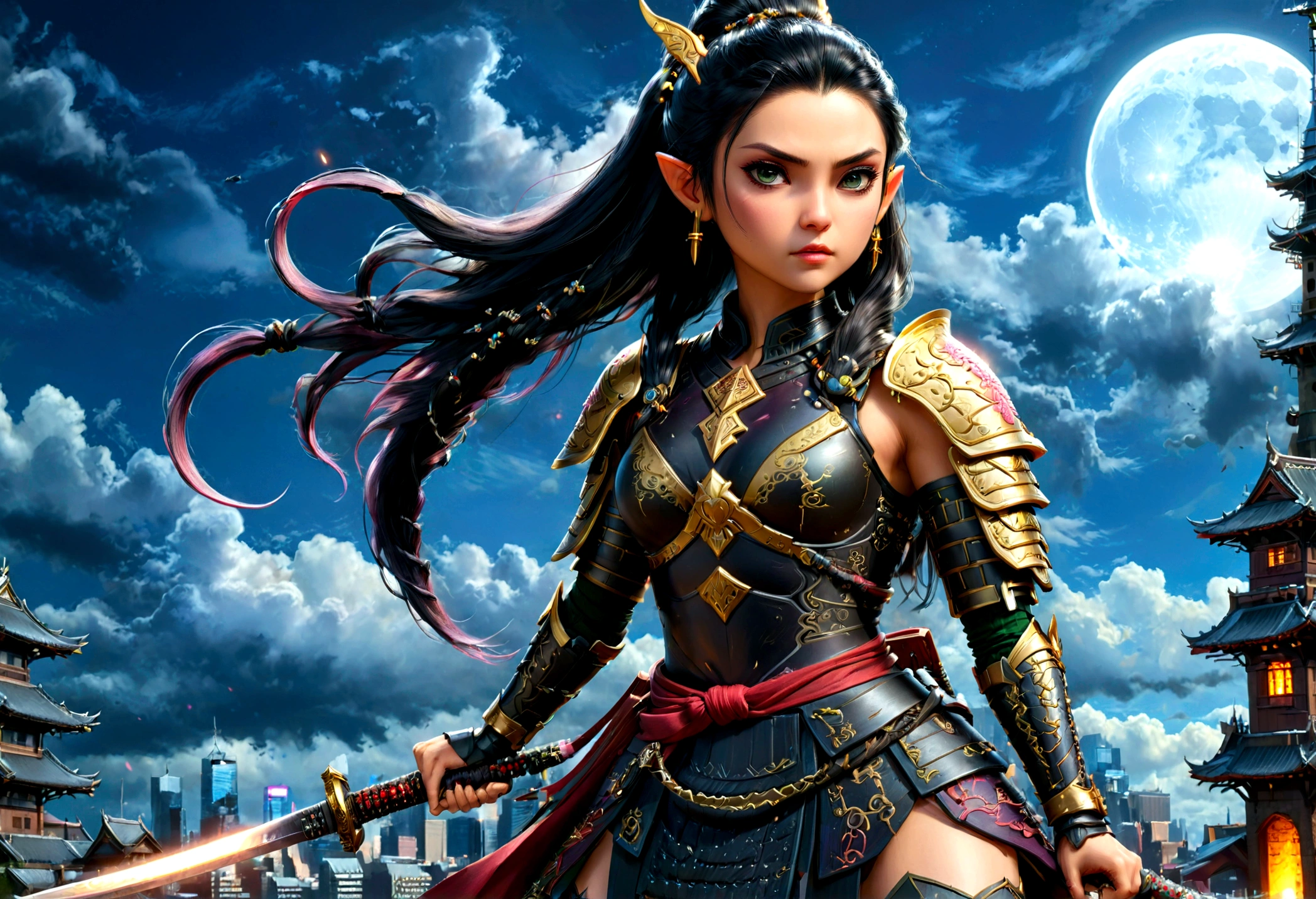 fantasy art, RPG art, dark fantasy art, a female elf samurai, ready to battle, she wears traditional samurai armor, she wears armored skirt, armed with a katana, she stands on top of a tower in a cyberpunk city, exquisite beautiful female elf, long hair, black hair, straight hair, braided hair, black eyes, intense eyes, small pointed ears, cyberpunk city at night, background, moon, stars, clouds, god rays, soft natural light, dynamic angle, photorealism, panoramic view, ultra best realistic, best details, 16k, [ultra detailed], masterpiece, best quality, (extremely detailed), photorealism, 