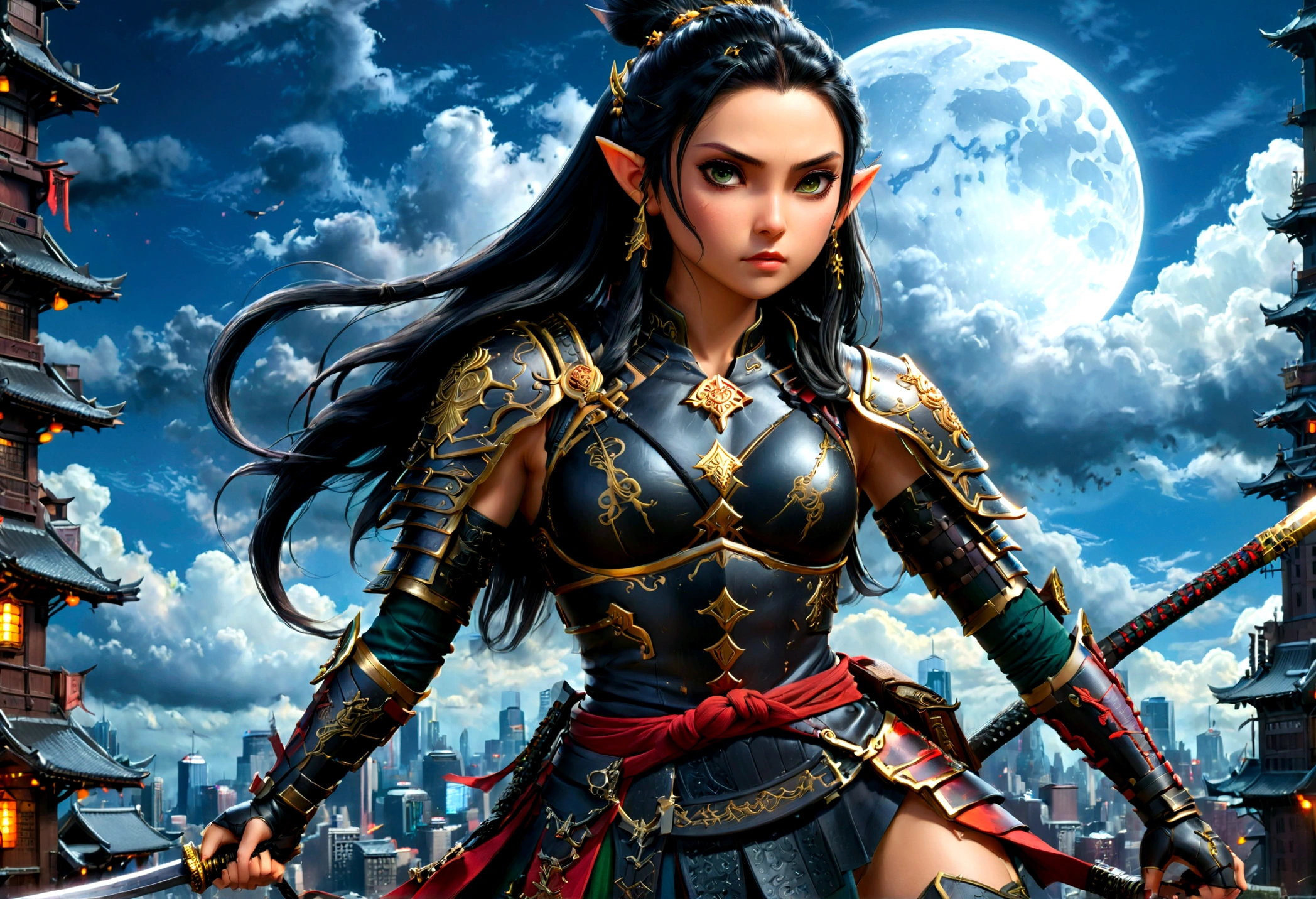 fantasy art, RPG art, dark fantasy art, a female elf samurai, ready to battle, she wears traditional samurai armor, she wears armored skirt, armed with a katana, she stands on top of a tower in a cyberpunk city, exquisite beautiful female elf, long hair, black hair, straight hair, braided hair, black eyes, intense eyes, small pointed ears, cyberpunk city at night, background, moon, stars, clouds, god rays, soft natural light, dynamic angle, photorealism, panoramic view, ultra best realistic, best details, 16k, [ultra detailed], masterpiece, best quality, (extremely detailed), photorealism, 