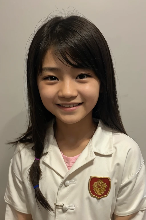 a 12 year old chinese, sin tetas con una chaqueta de un colegio,con pelo largo y chasquiya ?????, con el pulgar derecho lebantado y con una sonrisa