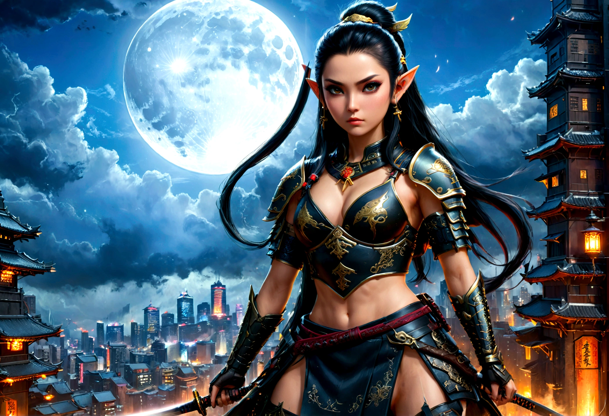 fantasy art, RPG art, dark fantasy art, a female elf samurai, ready to battle, she wears traditional samurai armor, she wears armored skirt, armed with a katana, she stands on top of a tower in a cyberpunk city, exquisite beautiful female elf, long hair, black hair, straight hair, braided hair, black eyes, intense eyes, small pointed ears, cyberpunk city at night, background, moon, stars, clouds, god rays, soft natural light, dynamic angle, photorealism, panoramic view, ultra best realistic, best details, 16k, [ultra detailed], masterpiece, best quality, (extremely detailed), photorealism, 