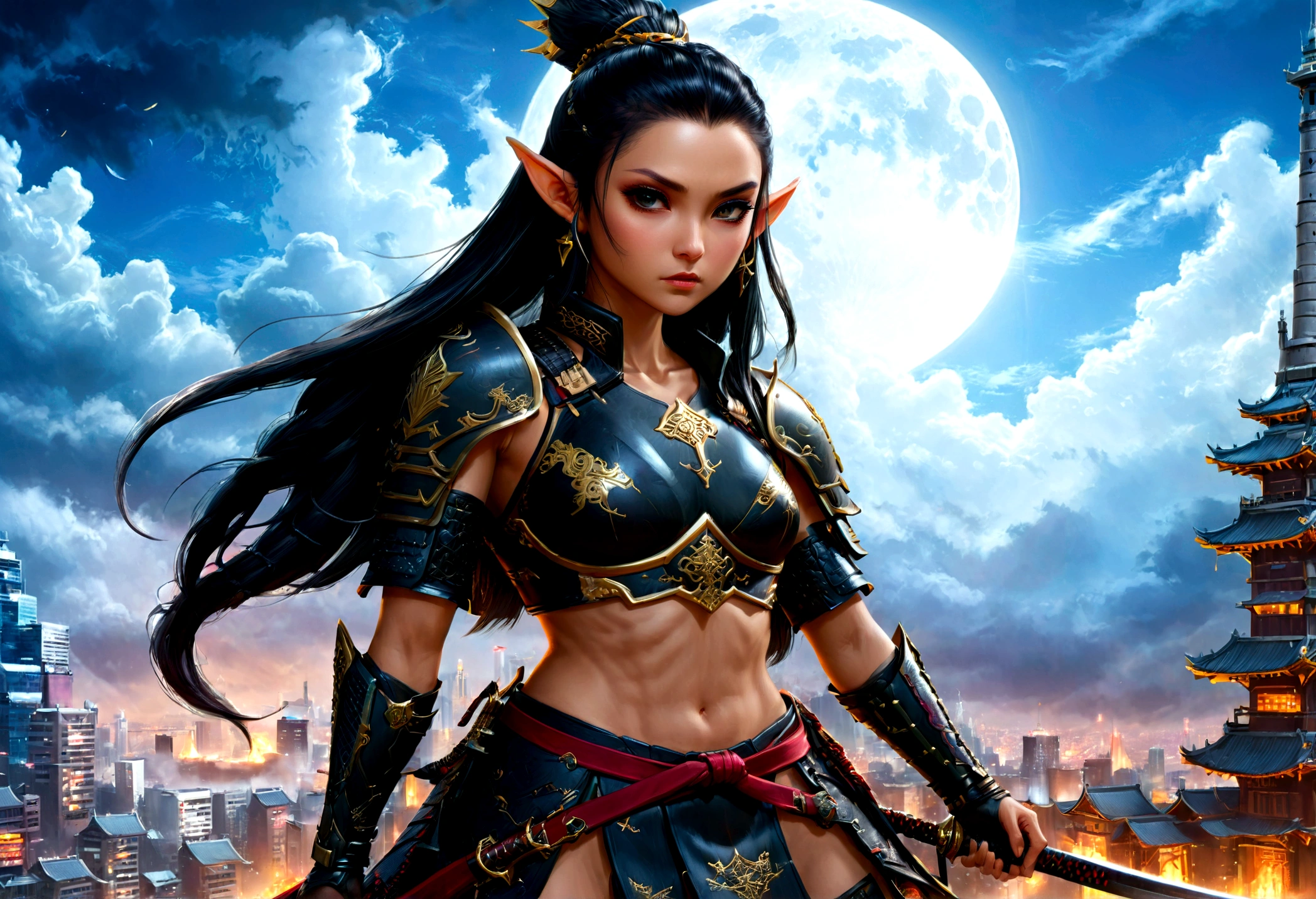 fantasy art, RPG art, dark fantasy art, a female elf samurai, ready to battle, she wears traditional samurai armor, she wears armored skirt, armed with a katana, she stands on top of a tower in a cyberpunk city, exquisite beautiful female elf, long hair, black hair, straight hair, braided hair, black eyes, intense eyes, small pointed ears, cyberpunk city at night, background, moon, stars, clouds, god rays, soft natural light, dynamic angle, photorealism, panoramic view, ultra best realistic, best details, 16k, [ultra detailed], masterpiece, best quality, (extremely detailed), photorealism, 