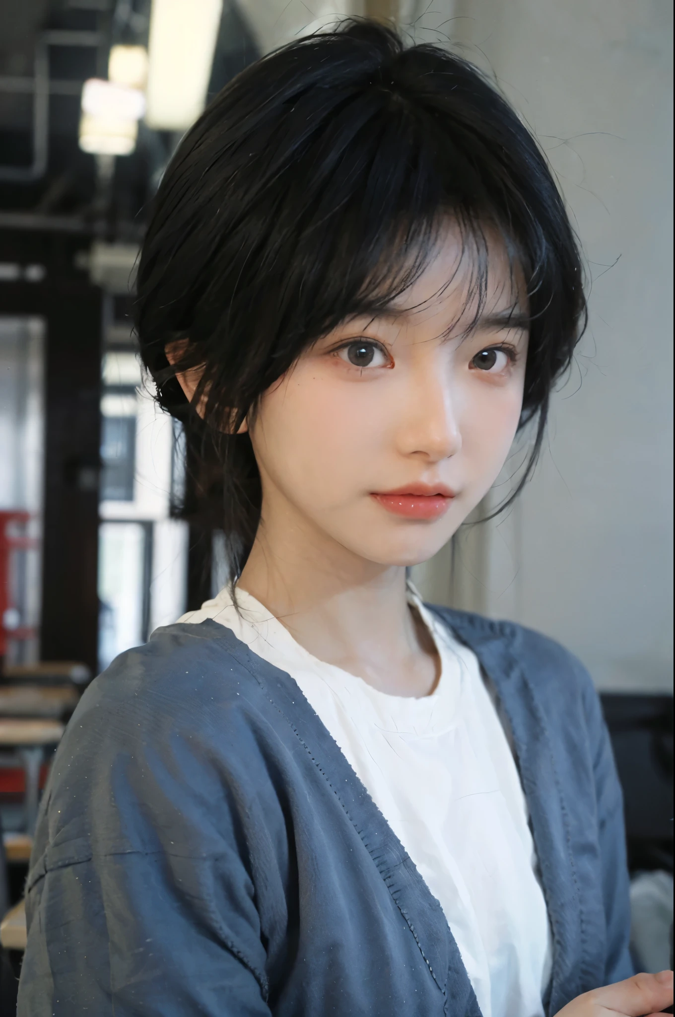 Best quality，Ultra-high resolution，（lifelike：1.4），Cute hairpin，2girll，Sparkling eyes，Short blue hair，jk，Snow-white skin，Blush，Slim beauty：1.4，，At school，Ultra-fine face，Exquisite eyes，Double eyelids，
