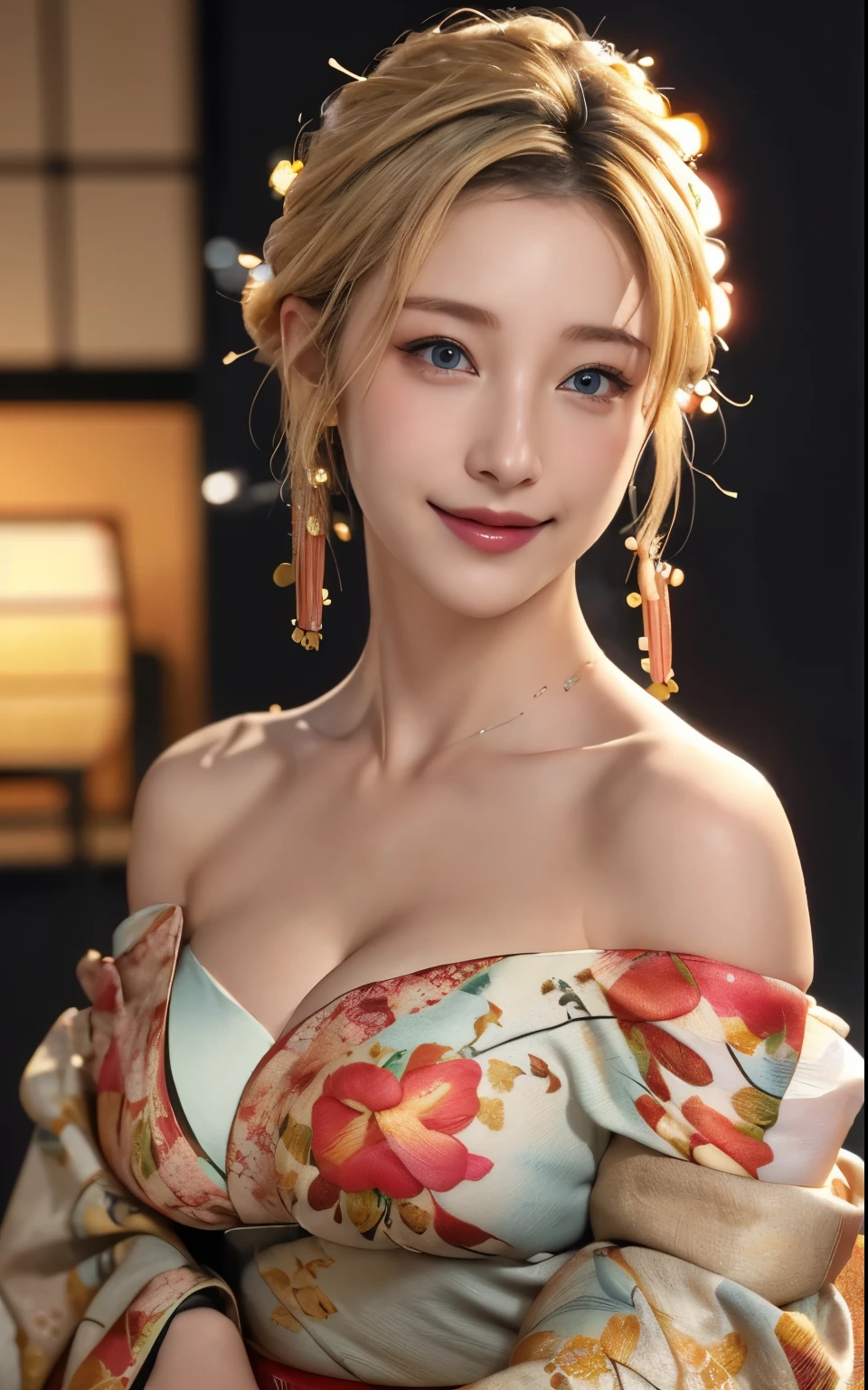 hostel、Realistic:1.8、Blonde、Italian、highest quality、1 girl、,Glowing Skin、Professional Lighting,Photorealistic、Perfect body、super high quality、Ultra-high Realistic image quality、Japanese、(Off-the-shoulder short length floral print kimono:1.6)、(Cleavage:1.5)、Tight waist、(blonde:1.3)、(Blurred Background)、(Grin)、、blue eyes、blonde、Tattoos all over the body、short hair、Hair tied up、Full body photo、Sexy Face、short hair、 A look of complete lust、(((masterpiece)))、((highest quality))、((超Realistic))、成熟したwoman、成熟したwoman、perspective、Very detailed、The perfect temptation、Best image quality、Fine-grained image quality、beautiful、European, woman, French, woman Italian, Italian, smile、blue eyes、jewelry, blue eyes, Realistic, High resolution, Soft Light,Hip Up, Glowing Skin, (Detailed face),tattoo, jewelry, , night, blonde, Wavy Hair,attractive appearance, smile, Perfect Style, Perfect balance,