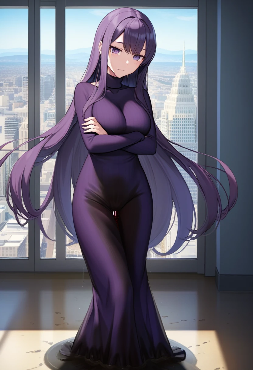 (masterpiece:1.37), best quality, (extremely detailed:1.37) woman, (adult:1.5), (very long hair:1.5), dark purple hair, purple eyes, (extremely detailed eyes:1.37), breasts, (very long dress:1.5), (very tight dress:2.0), white dress, (wetting herself:2.0), standing straight, full body day, daytime, glow, facing viewer, perfect composition, full body, city, street