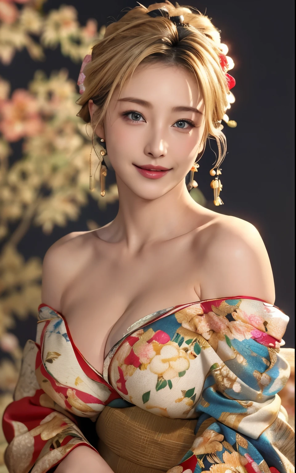 Realistic:1.8、Blonde、Italian、highest quality、1 girl、,Glowing Skin、Professional Lighting,Photorealistic、Perfect body、super high quality、Ultra-high Realistic image quality、Japanese、(Off-the-shoulder short length floral print kimono:1.6)、(Cleavage:1.5)、Tight waist、(blonde:1.3)、(Blurred Background)、(Grin)、、blue eyes、blonde、Tattoos all over the body、short hair、Hair tied up、Full body photo、Sexy Face、short hair、 A look of complete lust、(((masterpiece)))、((highest quality))、((超Realistic))、成熟したwoman、成熟したwoman、perspective、Very detailed、The perfect temptation、Best image quality、Fine-grained image quality、beautiful、European, woman, French, woman Italian, Italian, smile、blue eyes、jewelry, blue eyes, Realistic, High resolution, Soft Light,Hip Up, Glowing Skin, (Detailed face),tattoo, jewelry, , night, blonde, Wavy Hair,attractive appearance, smile, Perfect Style, Perfect balance,