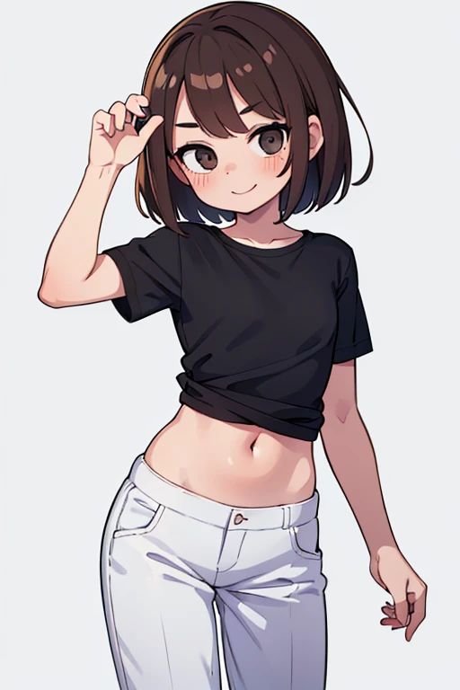 ((masterpiece)), (professional photography:1.2), (a high resolution:1.3), portrait shot, Best quality, 8K, front, (just a black t-shirt), cute teenage girl, Super cute face, Light Brown Medium Hair, (flat chest), pale skin, blush, smile, standing on a white background, hand in pants , short unbuttoned trousers, navel