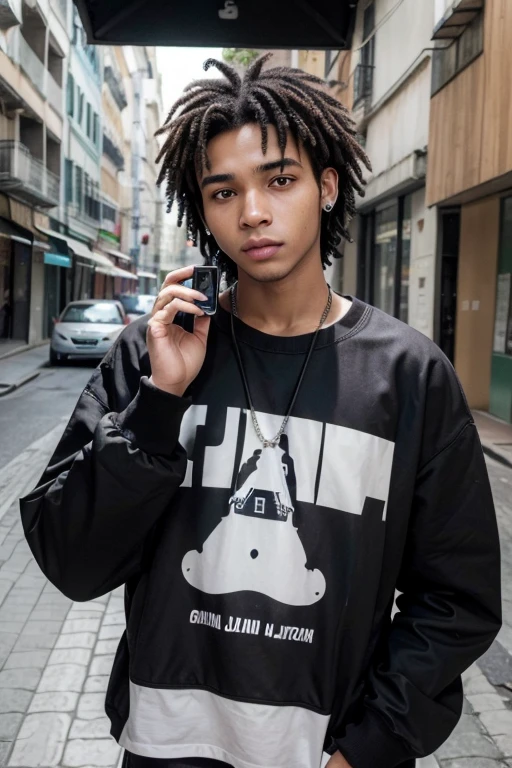 ((homem negro jovem)), ((cabelo cacheado)), (com fones de ouvido), (em uma cidade poluida)