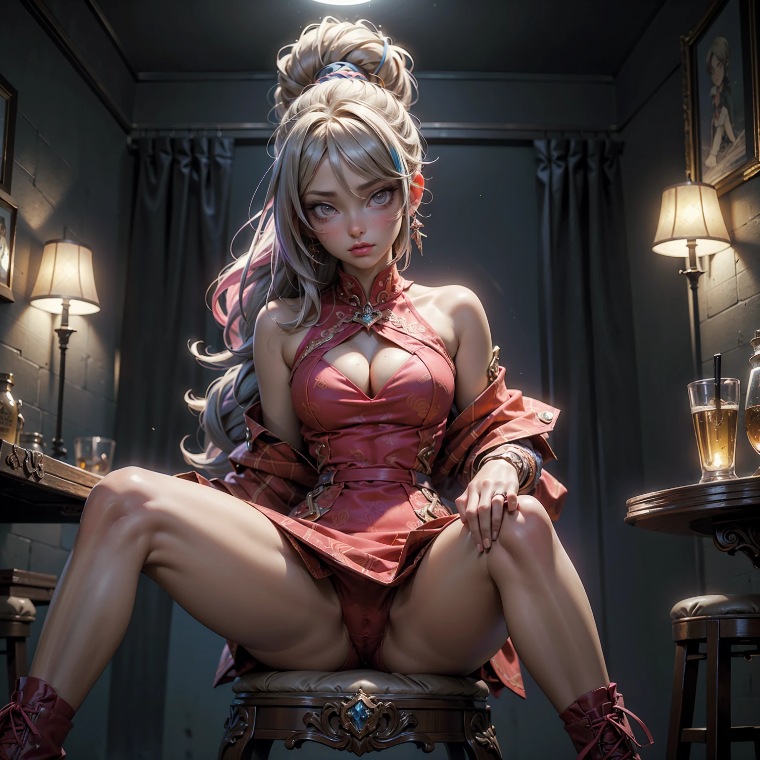 best quality, masterpiece, intricate details, anime, 1girl, young female, sitting on high barstool, sexy attire, sensual, alluring gaze, spread legs, surrounded by men staring viciously, dramatic lighting, vibrant colors, cinematic