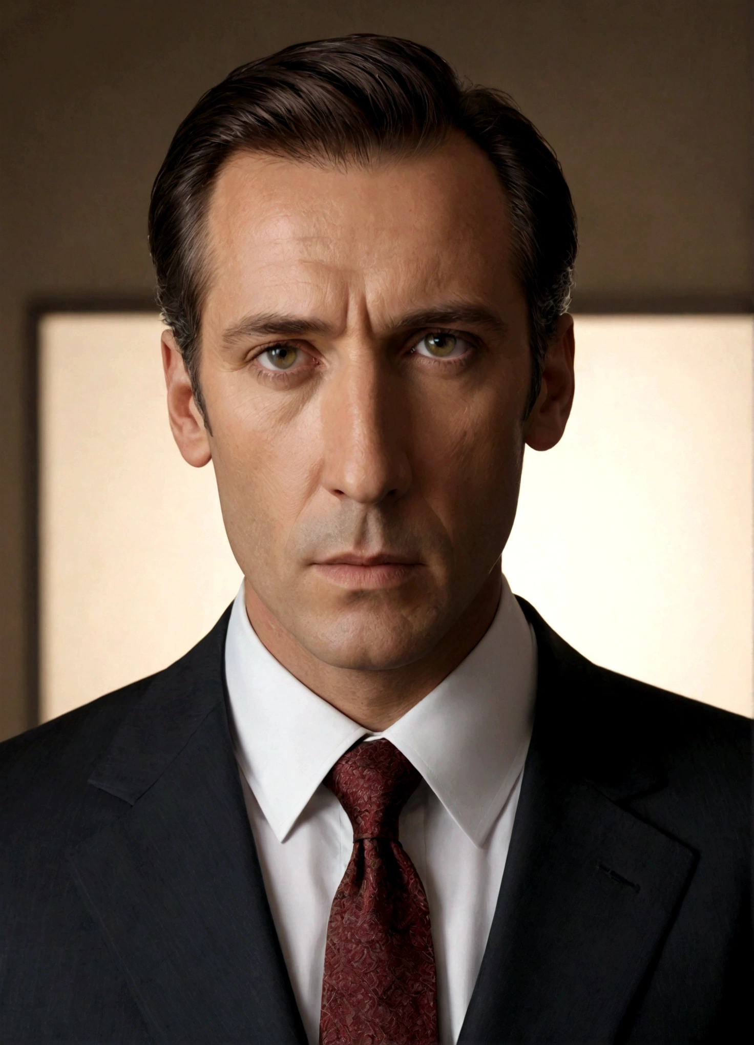 a Man standing with 30 years in suit and tie, body and head straight in the photo, DSRL, facing the viewer of the photo, eyes fixed to the lens, appears shoulders and head in the photo, man centered in the photo, 8k, best quality, masterpiece, realistic, realistic photo, movie photo, ultra realistic, 1 person, detailed, Perfect lighting, DSRL, professional photo, 4k