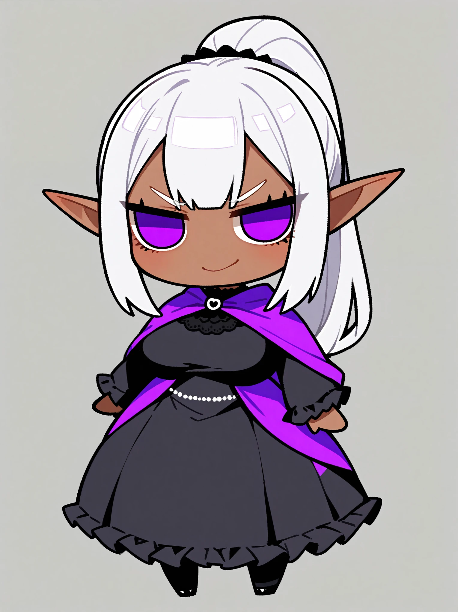 {{{kame (kamepan44231), full body, no humans, chibi, jitome, fumo (doll)}}}, 1 woman, elf, solo, tan skin, silver hair, ponytail, purple eyes, lips, big breasts, curvy, smirk, cruel, looking at viewer, black victorian dress, purple cloak, blank background, white background.