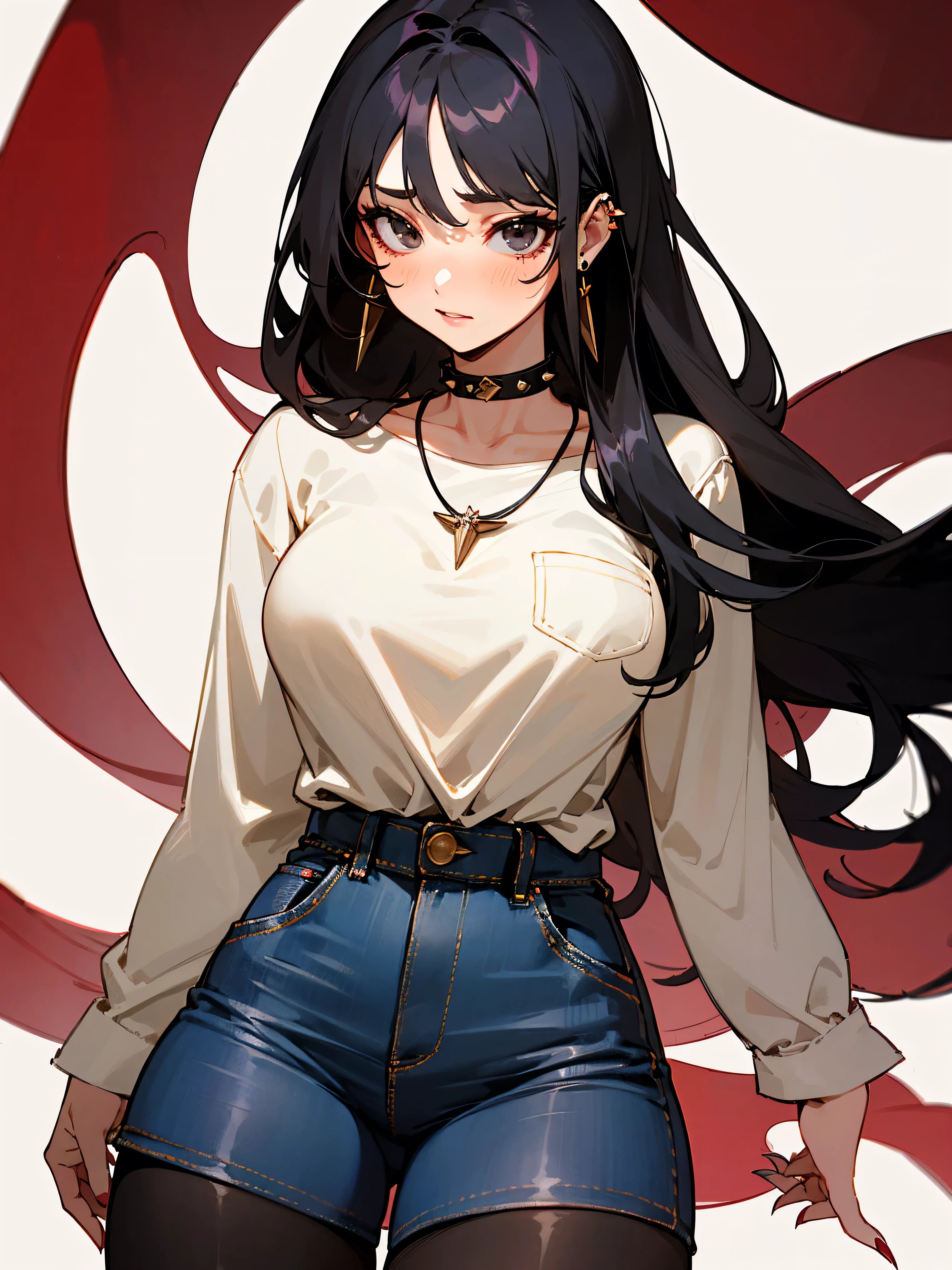 ((Long Straight Black hair)), Perfect face, Choker, earrings, ((Tall)), ((High Quality)), Necklace, ((Mature)), Pretty Eyes, Sharp Nails, Bangs, ((1 Girl)), Hot, ((Multiple Earrings)), Natural Tits, 1 girl, Beautiful, Sexy, Spiky Earrings, Adult, Spiked Collar, Thin Eyelashes, ((Shirt)), Plain Background, Red Colors in Background, Black Eyes, ((Pantyhose)), Black Clothes, Long Bang Across Face, ((Long Front Hair Extensions That Are White)), Thick Thighs, Lewd, Orgasmic, Horny, Dark Colors, Slender Body, Jeans, Close Up, blush,