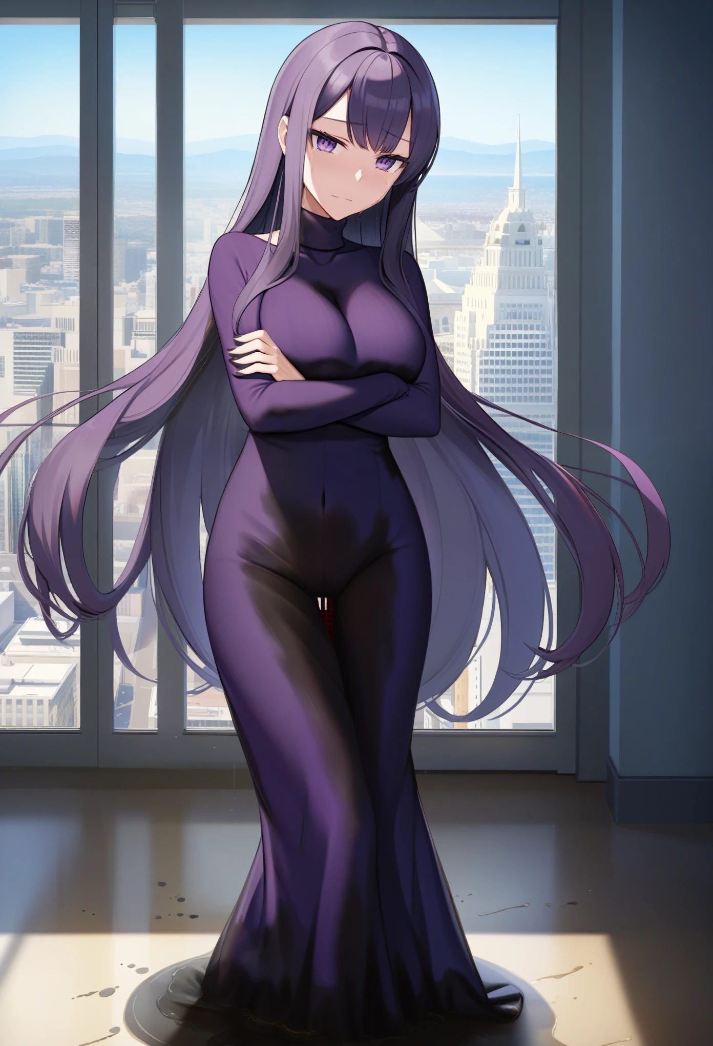 (masterpiece:1.37), best quality, (extremely detailed:1.37), office, window overlooking a bustling cityscape, woman, (:1.75), (adult:1.5), (very long hair:1.5), dark purple hair, purple eyes, (extremely detailed eyes:1.37) shining eyes, breastleneck sweater, (skintight:1.25), (very long dress:1.5), (wetting herself:3.0), standing straight, (desperation:3.0), full body day, daytime, glow, facing viewer, perfect composition, Perfect light and shadow, 8K, (arms crossed:1.5)