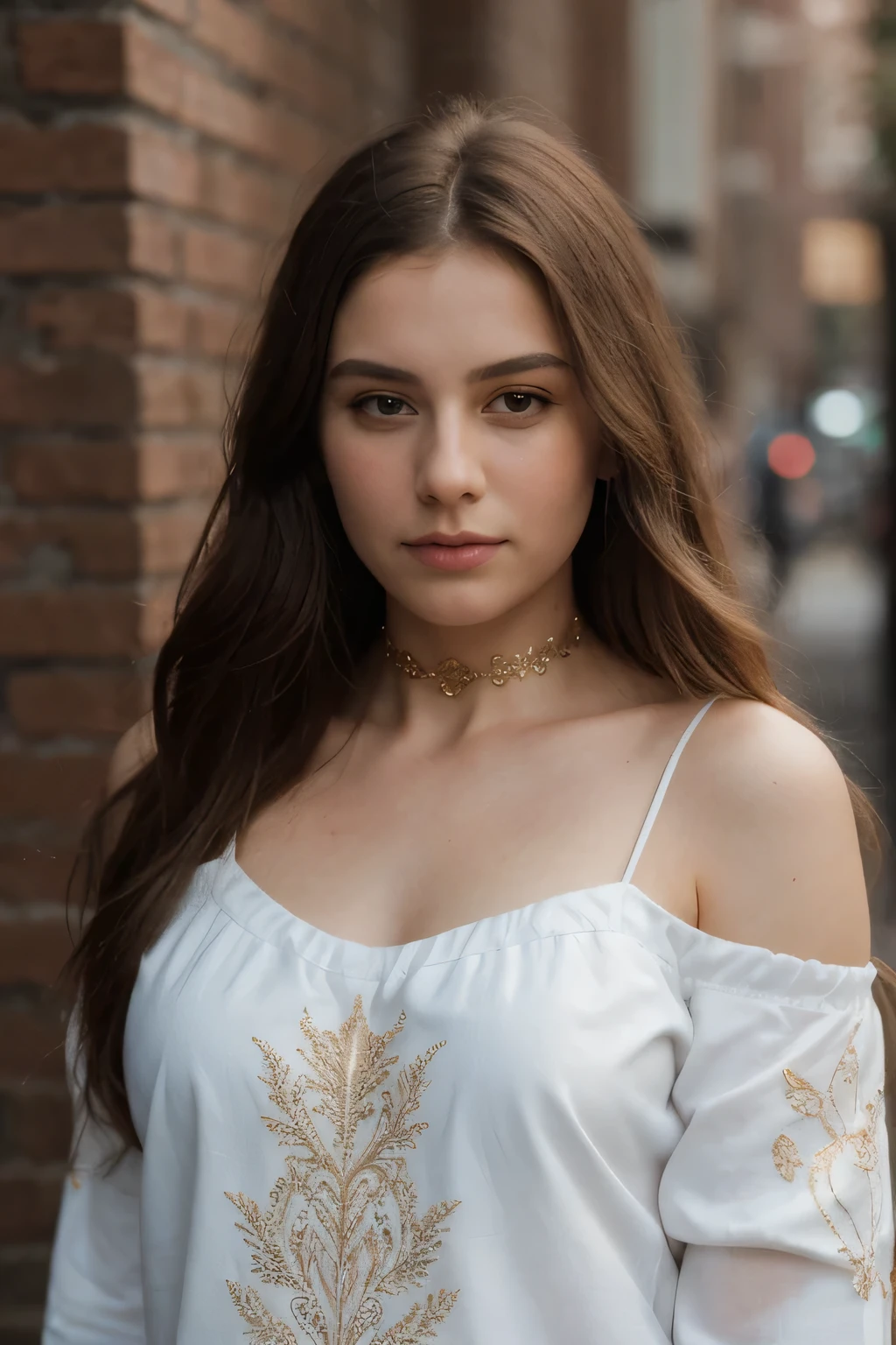 ultra realistic 8k cg, masterpiece, ((ultra detailed background, delicate pattern, intricate detail)), best quality, intricate details, chromatic aberration, 1girl, long hair, golden hair, messy hair, red highlights, hair over one eye, sharp eyes, choker, brick wall, graffiti, dim lighting, alley, oversized shirt,off shoulder, see through white shirt, Masterpiece, best quality