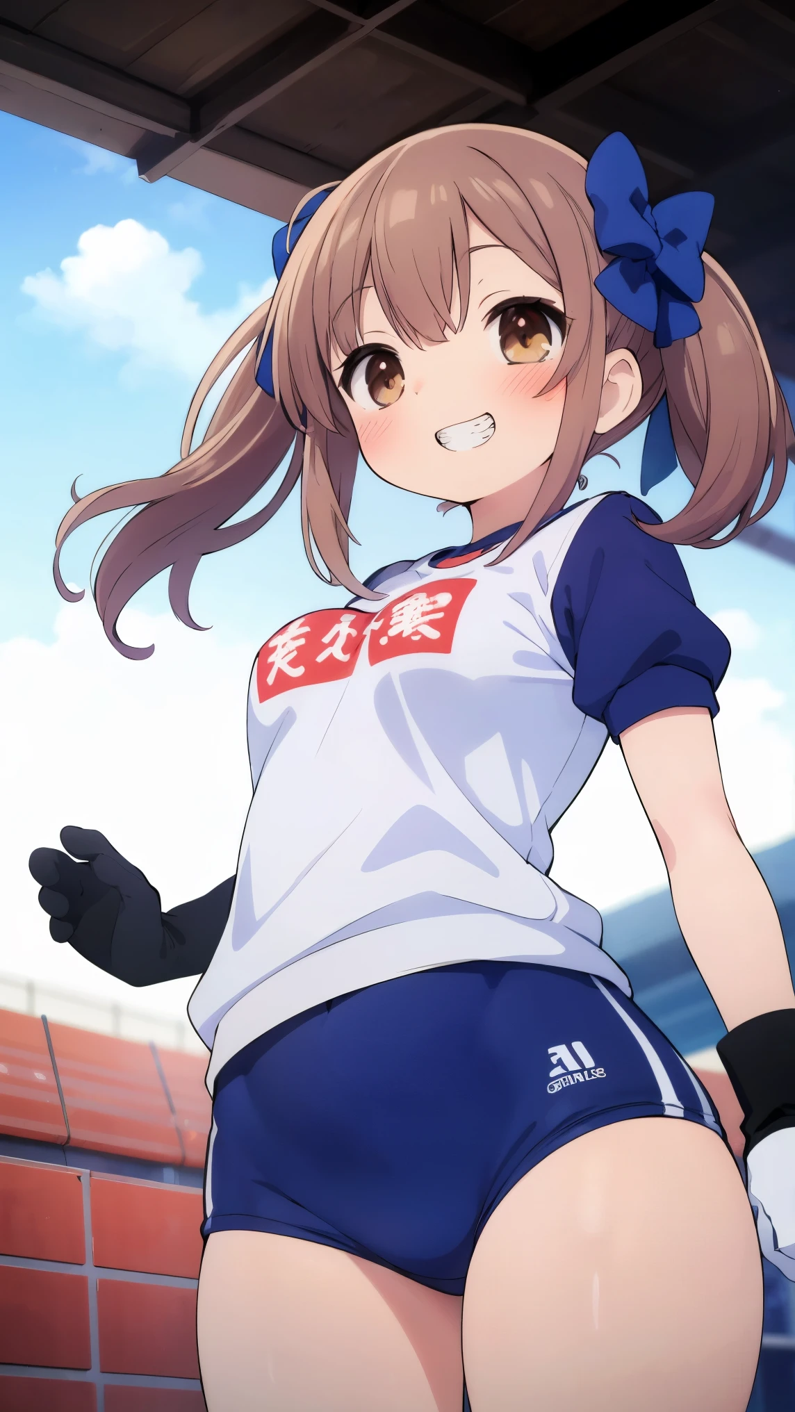 (8k, RAW photo, best quality, masterpiece, highres, absurdres, ultra detailed:1.3), (Photography, realistic, photo-realistic:1.4), (beautiful natural lighting, beautiful deatailed shadow, beautiful detailed glow :1.4), atmospheric,
BREAK 1 beautiful girl,(Cute:1.5),(Chibi:0.5),(kawaii:2),(:2),(7 year old girl),(Solo:1.65),BREAK,(flat chest:1.2,),Clear skin,Beautiful skin,Shy,One beautiful,Colossal tits,BREAK (Hair Bow, reddish brown hair, Twin-tail:1.55),(Brown eyes, long eyelashes, Double eyelids:1.4),Shiny skin,BREAK,Star \(symbol\, (gloves, White Gloves:1.3), (bug, Dress,polka dot:1.3) ,(bear foot:1.2), (grin,blush:1.45),
BREAK
(gym clothes,white t-shirt,sports shorts:1.2), Cotton t-shirt, (bouncing breasts,unaligned breasts:1.4), BREAK ,(running,track,school yard,Athletic field,Banner of all nations,clear blue sky,autumn,natural light natural sunlight,motion blur,motion lines,dynamic angle:1.4),
BREAK wakame,wakame,wakame,(cowboy shot, from below:1.4), BREAK manga illustration,manga style,