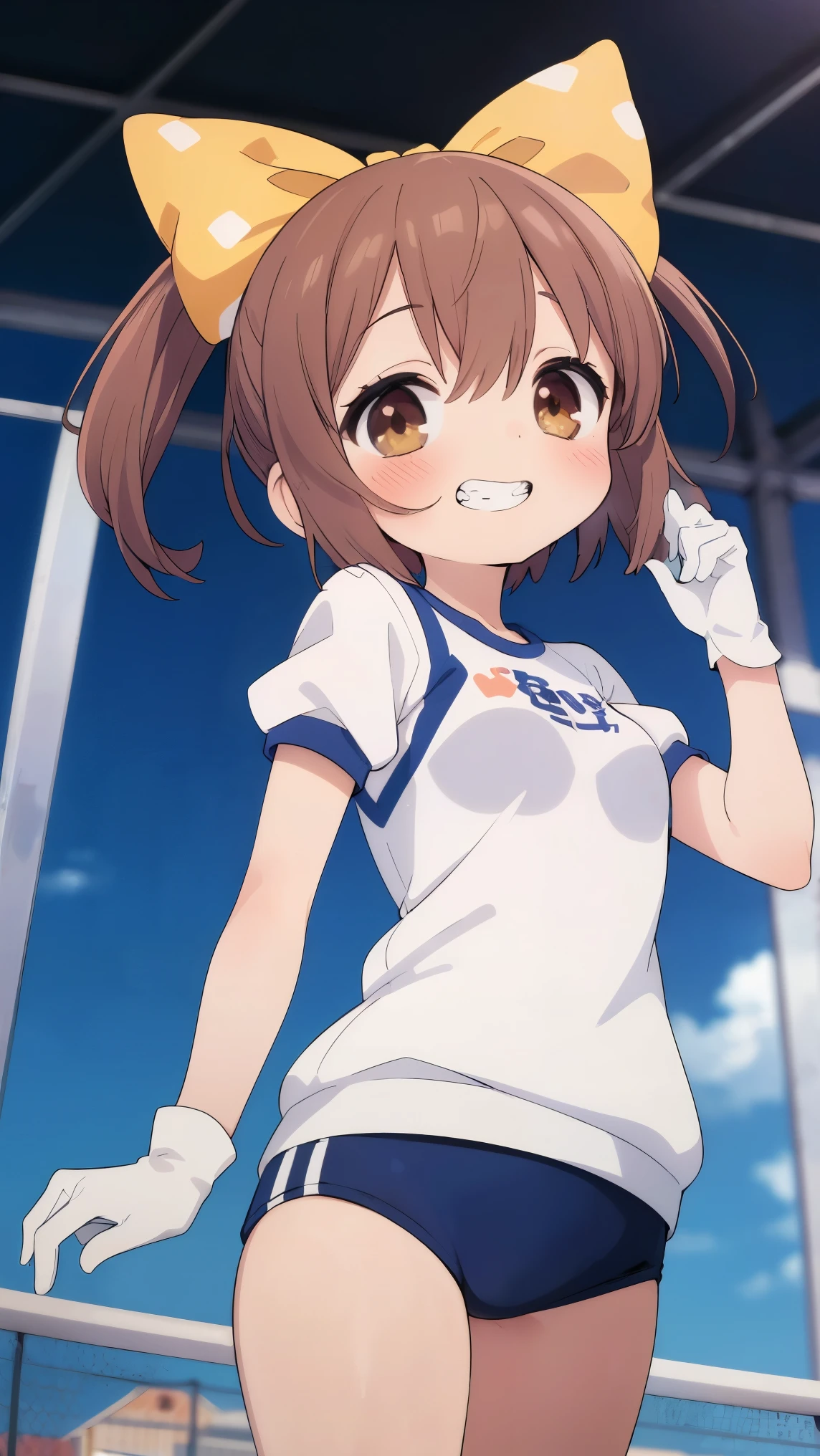 (8k, RAW photo, best quality, masterpiece, highres, absurdres, ultra detailed:1.3), (Photography, realistic, photo-realistic:1.4), (beautiful natural lighting, beautiful deatailed shadow, beautiful detailed glow :1.4), atmospheric,
BREAK 1 beautiful girl,(Cute:1.5),(Chibi:0.5),(kawaii:2),(Loli:2),(7 year old girl),(Solo:1.65),BREAK,(flat chest:1.2,),Clear skin,Beautiful skin,Shy,One beautiful,Colossal tits,BREAK (Hair Bow, reddish brown hair, Twin-tail:1.55),(Brown eyes, long eyelashes, Double eyelids:1.4),Shiny skin,BREAK,Star \(symbol\, (gloves, White Gloves:1.3), (bug, Dress,polka dot:1.3) ,(bear foot:1.2), (grin,blush:1.45),
BREAK
(gym clothes,white t-shirt,sports shorts:1.2), Cotton t-shirt, (bouncing breasts,unaligned breasts:1.4), BREAK ,(running,track,school yard,Athletic field,Banner of all nations,clear blue sky,autumn,natural light natural sunlight,motion blur,motion lines,dynamic angle:1.4),
BREAK wakame,wakame,wakame,(cowboy shot, from below:1.4), BREAK manga illustration,manga style,