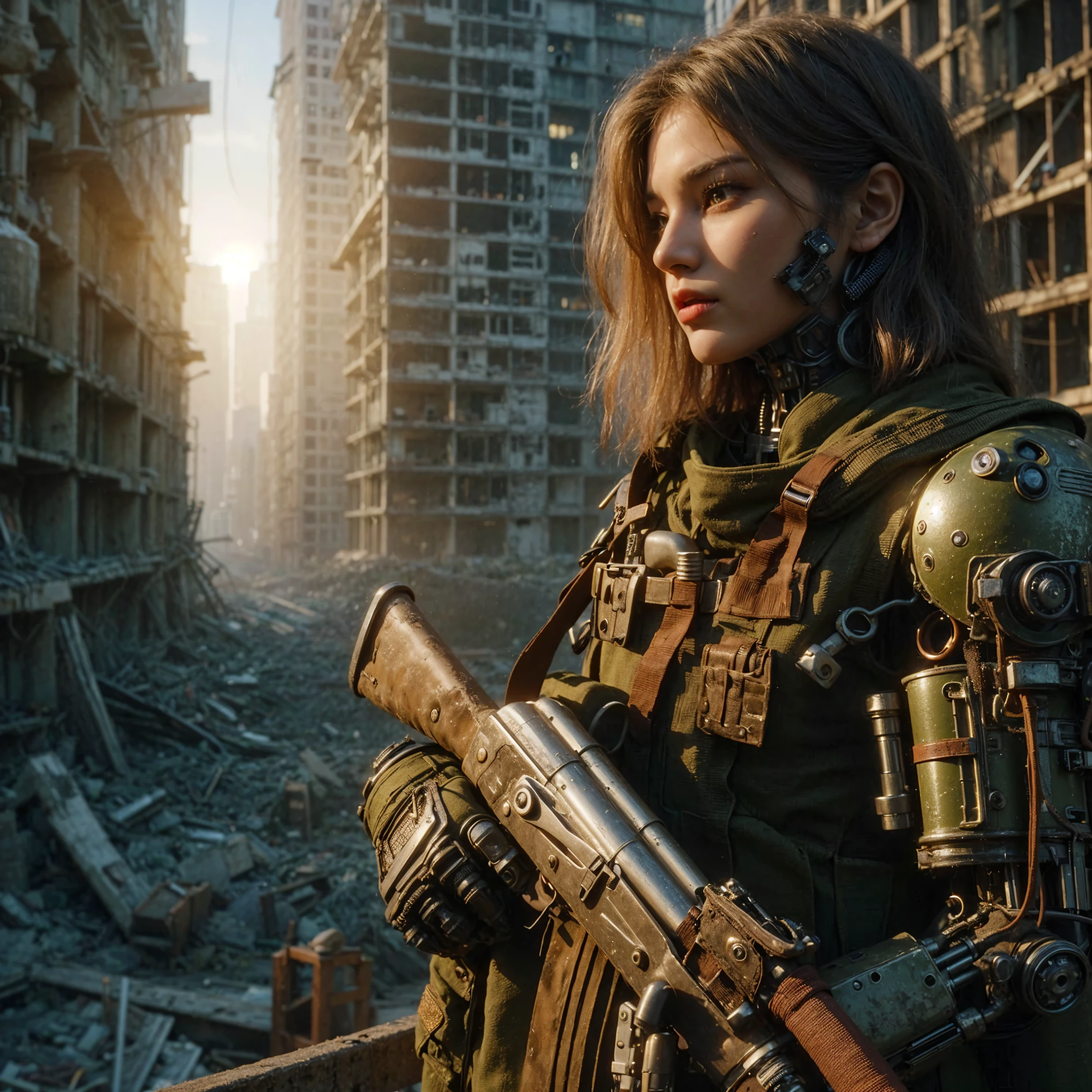 superrealism, ultra high res,8k,(Photorealsitic:1.4), (1950s-like mechanical suit:1.2), Collapsed Cities, heavy weapons,vivid textures,animal legs, gradation hair, Russian female soldier,(ultra beautiful face),((super realistic all textures)), ((super intricate all details)), full body shot, ultra sharp photo result, Olive Drab color, scratch, Rust, weathering, steampunk, taken with Fuji film X-T30+Nokton. HDR10,Minimum of 4 pieces created