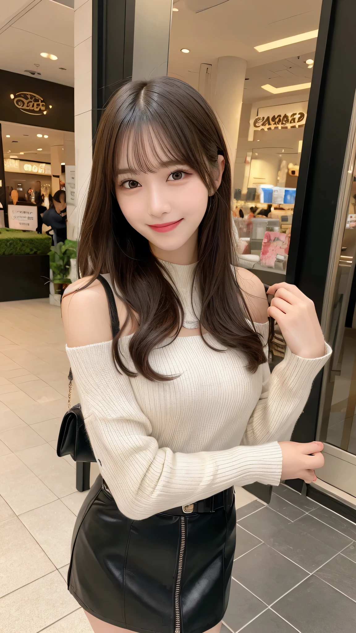 In detail, High resolution, high quality、 Beautiful fine details, long hair, Natural color lip,Kamimei、Shibuya Ward、20-year-old girl、1 person、Clear Skin、Shiny Hair、Tabletop, 最high quality,  Super detailed, In detail, High resolution, 8k、Cute pose,Disheveled Hair,Beautiful feet,Perfect beautiful face,KPOP idol faces,Ecstatic face、Cute face,thigh boots、leather skirt、Off-the-shoulder sweater、smile、Shopping Centre、bag、belt、mini skirt
