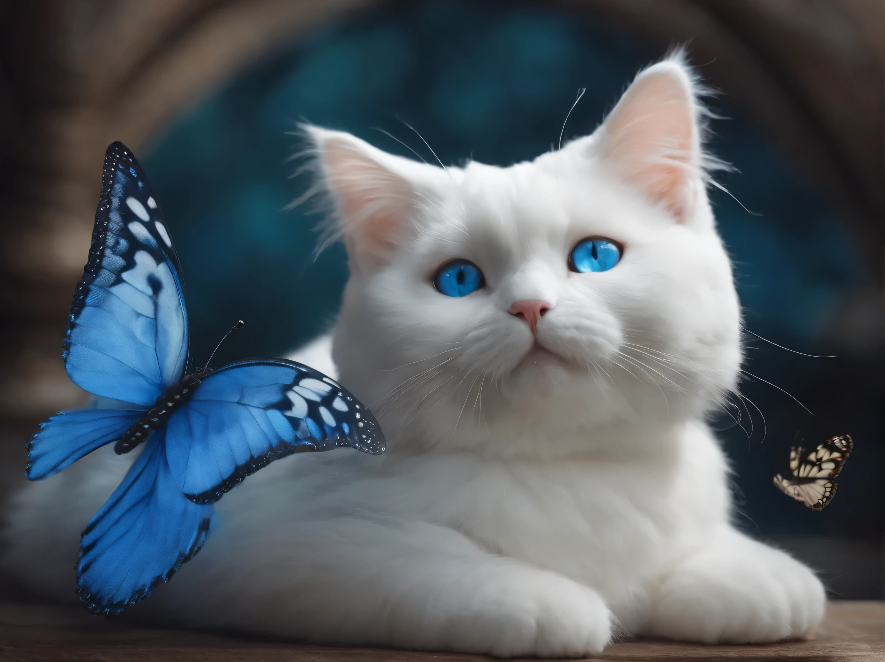 very white chubby stuffed cat with blue eyes and butterfly wings