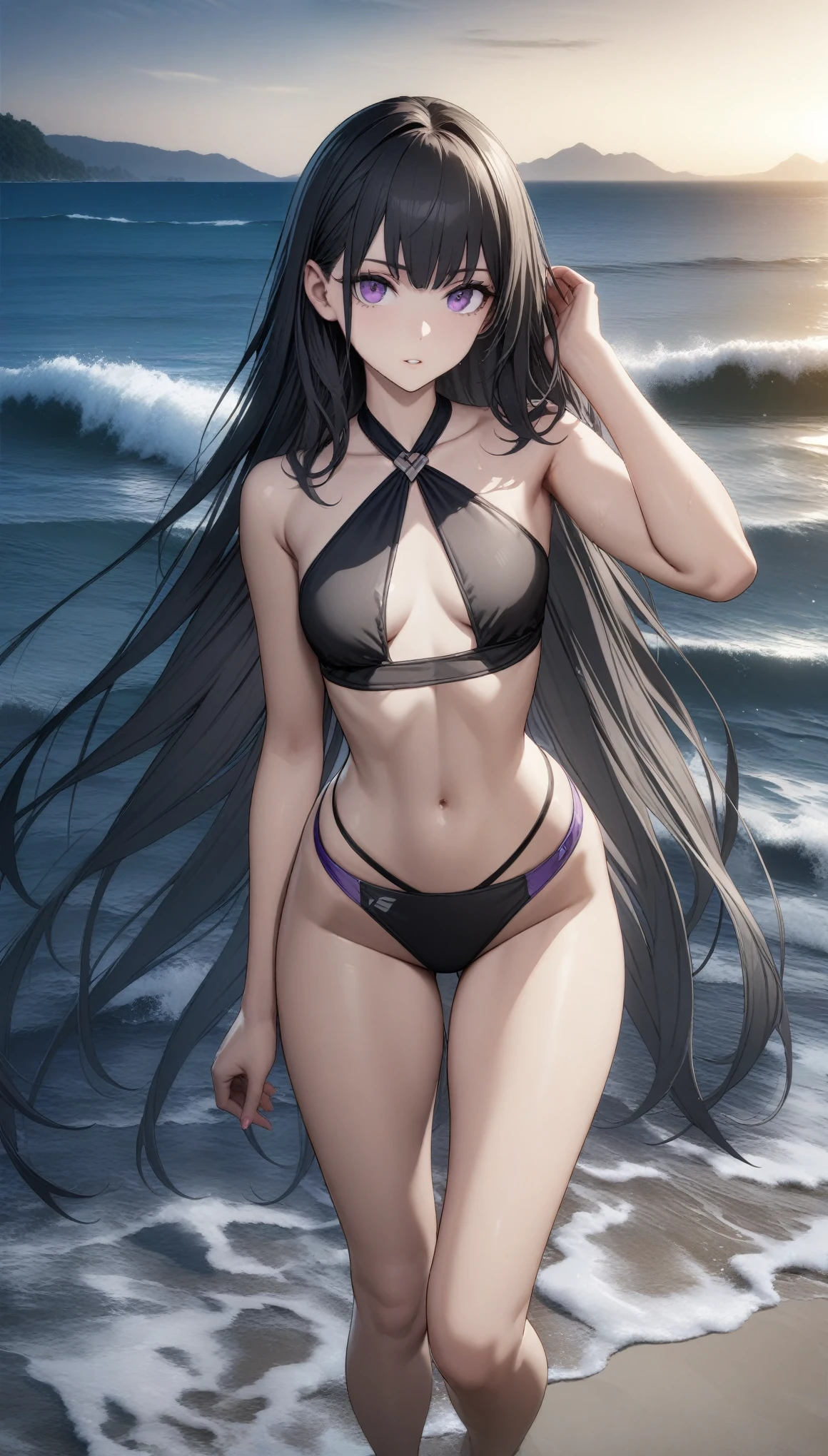 32k, best quality, ultra high res, HDR, UHD, extremely detailed CG, unity 32k wallpaper, One girl,High resolution,  high quality,  masterpiece, Purple eyes, Skimpy swimsuit, Black swimsuit, Beach, Long black hair, 