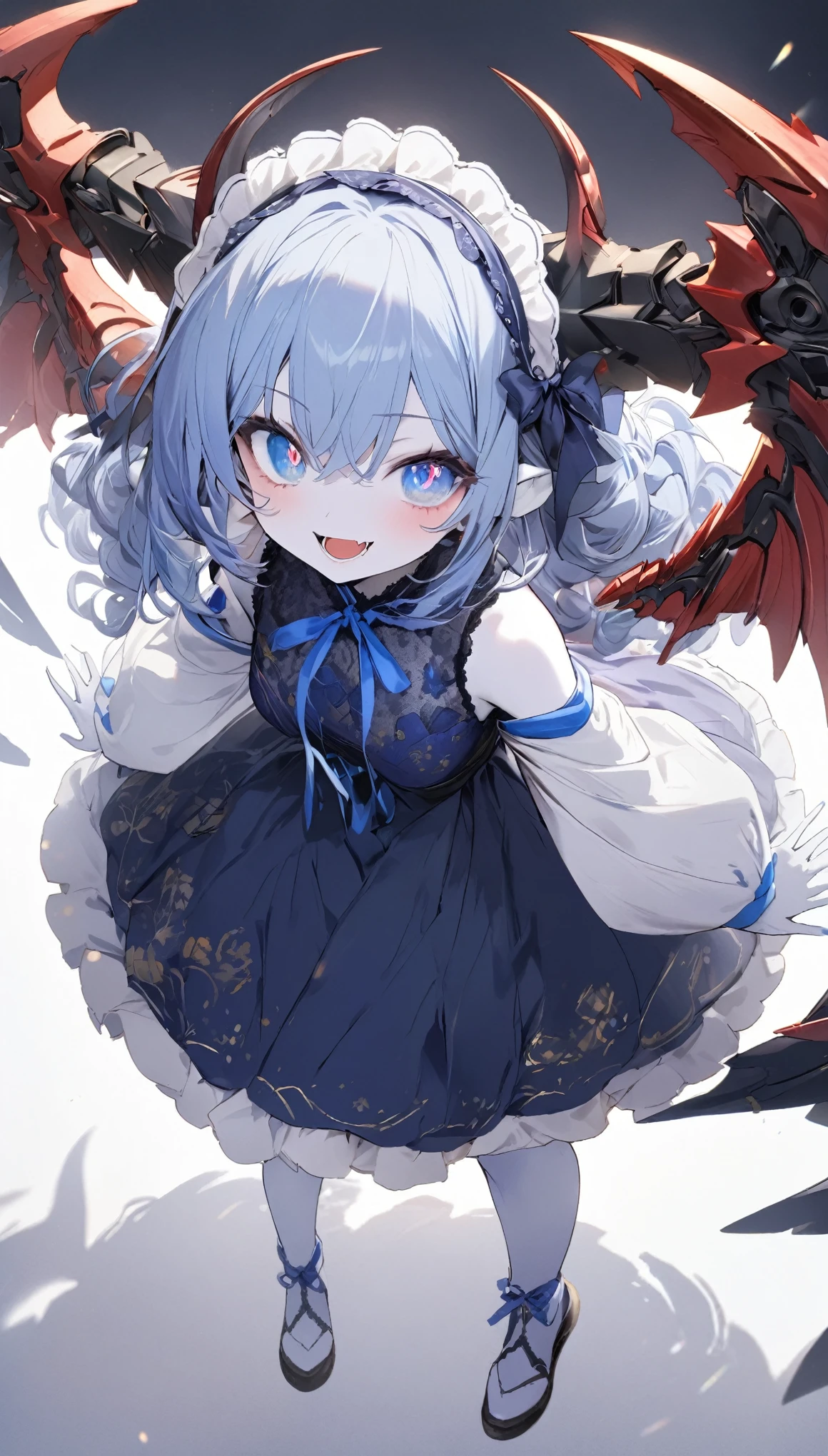 score_9, score_8_up, score_7_up, best quality ,masterpiece, 4k, Japanese anime, 1girl, (white skin:1.2), navy blue hair, medium length hair, blue ribbon, drill hair, wavy hair, (mechanical dragonhorn:1.5), (mechanical wing:1.2), (eye lashes:1.3), (eye shadow:1.3), blue eyes, (beautiful detailed eyes:1.4), laugh, 130cm tall, original character, fantasy, (white background:1.2), (full body:1.8), beautiful fingers, standing, (blue black lace frill armor dress:1.5), (mechanical headdress:1.5) , shoot from front, looking at viewer ,