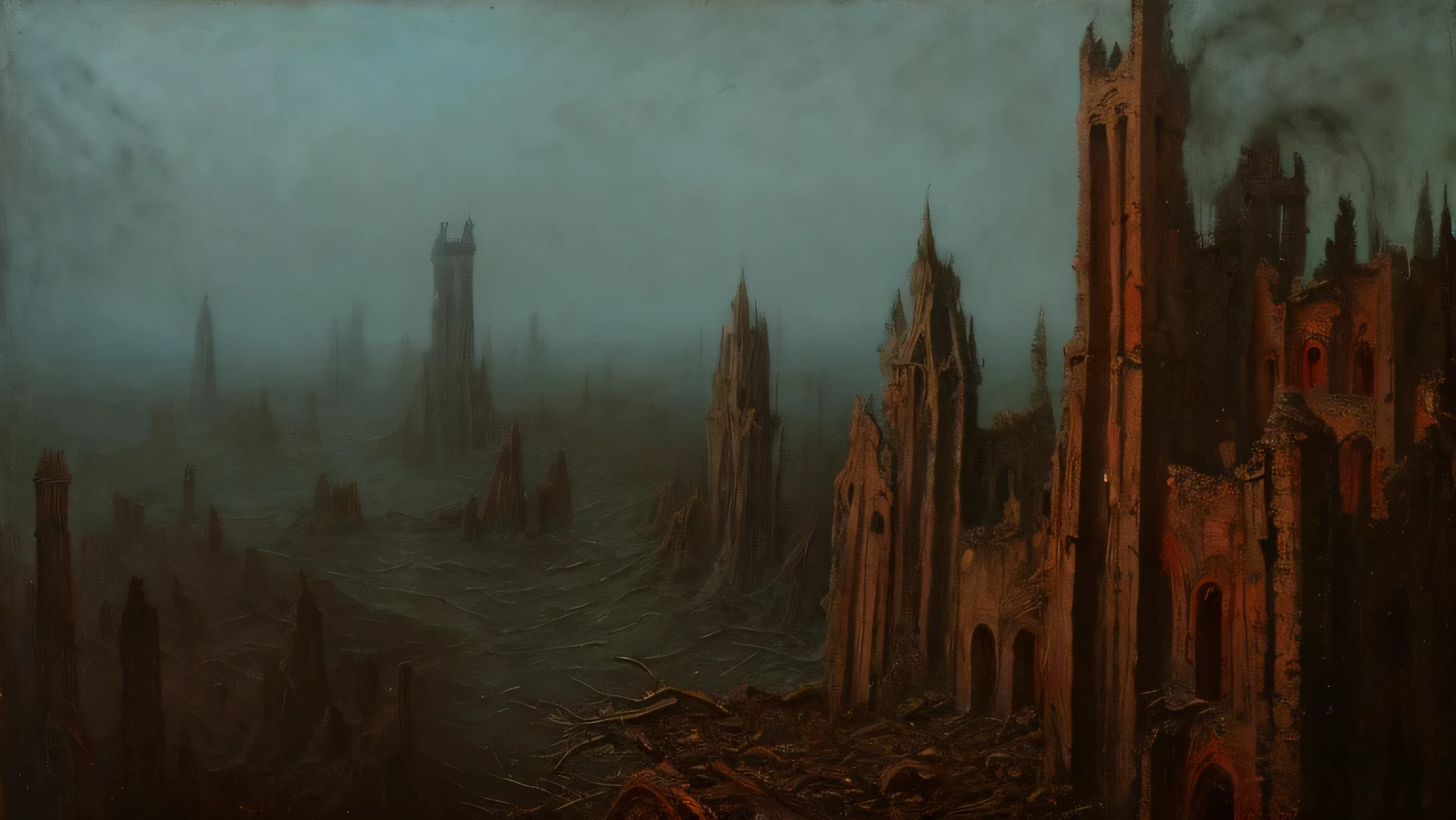 A ruined cityscape, dwarfed by a line of moving figures, dreamlike and moving, por Zdzislaw Beksinski, neve, Art Deco, esqueletos,papoulas, peculiar, (Simultaneous contrast:1.1), (repetition:1.1), (Pontilhismo:1.1), (brilhante:1.2), Water, Octagon, ultra detalhado, intricado, oil on canvas, Escova seca, (surrealismo:1.1), (perturbador:1.1), 1 castelo, pontas de agulha, dracula's castle, muitas janelas (4k), high resolution, best resolution, muitas torres, nuvens vermelhas, Lua de sangue, pessoas caminhando, pessoas pobresd