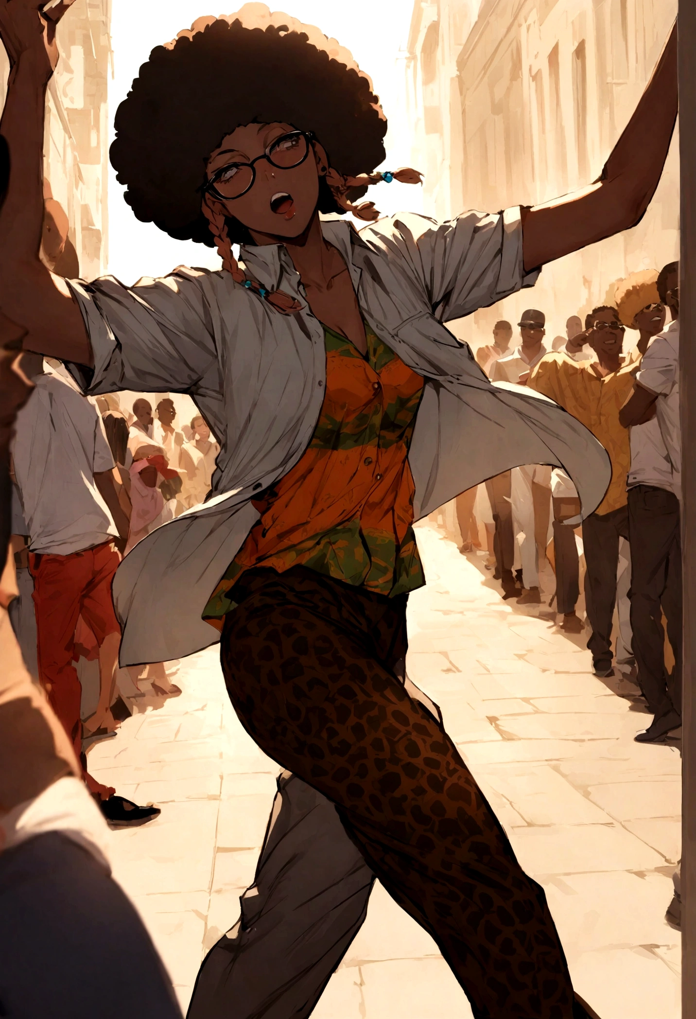 characters: rapper negro, 34 year old woman in skinny glasses and African print attire, Man dancing in the crowd wearing a button up shirt, Hair in afro texture and braids