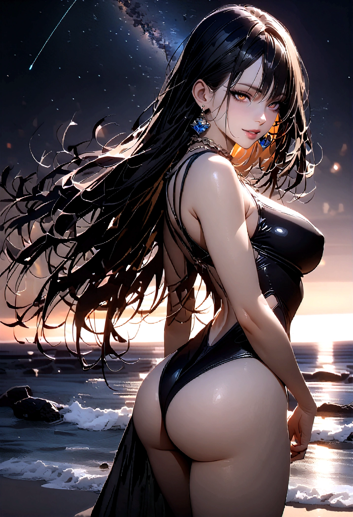 8k, masterpiece, RAW Photos, highest quality, Realistic, Very detailed, Depth of written boundary, Cinematic Light, Anatomically correct body,
One beautiful 40 year old woman, Very beautiful face, Exquisitely detailed face, (A seductive face:1.4), Very delicate skin texture, Transparent muscle, Shiny white skin, Glamorous Body,
(Wavy black long hair:1.2), (Sexy Breasts:1.1), (Sexy ass:1.1),
(Bold high-cut swimsuit:1.2), (Detailed cloth texture:1.2), (Gorgeous necklace:1.1), (Gorgeous earrings:1.1),
(Dark starry background:1.4), (Milky Way:1.1), (milky way:1.1), (shooting star:1.1), (Dark coastline at night:1.4), (Pitch black sea surface:1.4),
(Standing on the beach:1.2),
(Beautiful back view:1.2),