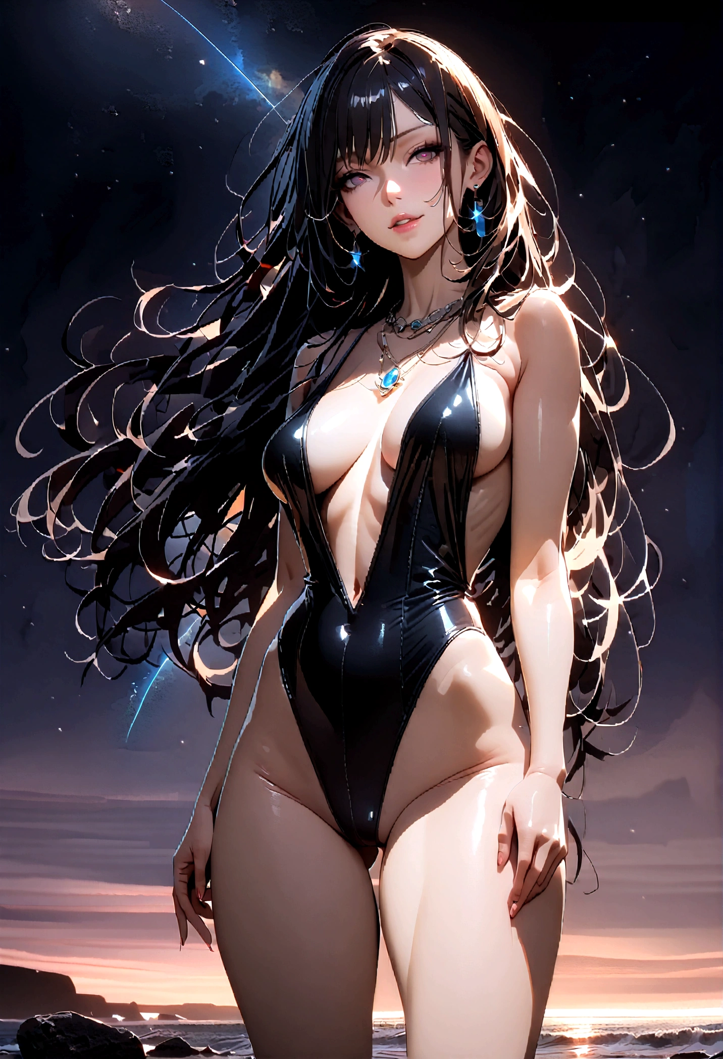 8k, masterpiece, RAW Photos, highest quality, Realistic, Very detailed, Depth of written boundary, Cinematic Light, Anatomically correct body,
One beautiful 40 year old woman, Very beautiful face, Exquisitely detailed face, (A seductive face:1.4), Very delicate skin texture, Transparent muscle, Shiny white skin, Glamorous Body,
(Wavy black long hair:1.2), (Sexy Breasts:1.1), (Sexy ass:1.1),
(Bold high-cut swimsuit:1.2), (Detailed cloth texture:1.2), (Gorgeous necklace:1.1), (Gorgeous earrings:1.1),
(Dark starry background:1.4), (Milky Way:1.1), (milky way:1.1), (shooting star:1.1), (Dark coastline at night:1.4), (Pitch black sea surface:1.4),
(Standing on the beach:1.2),
(Beautiful back view:1.2),