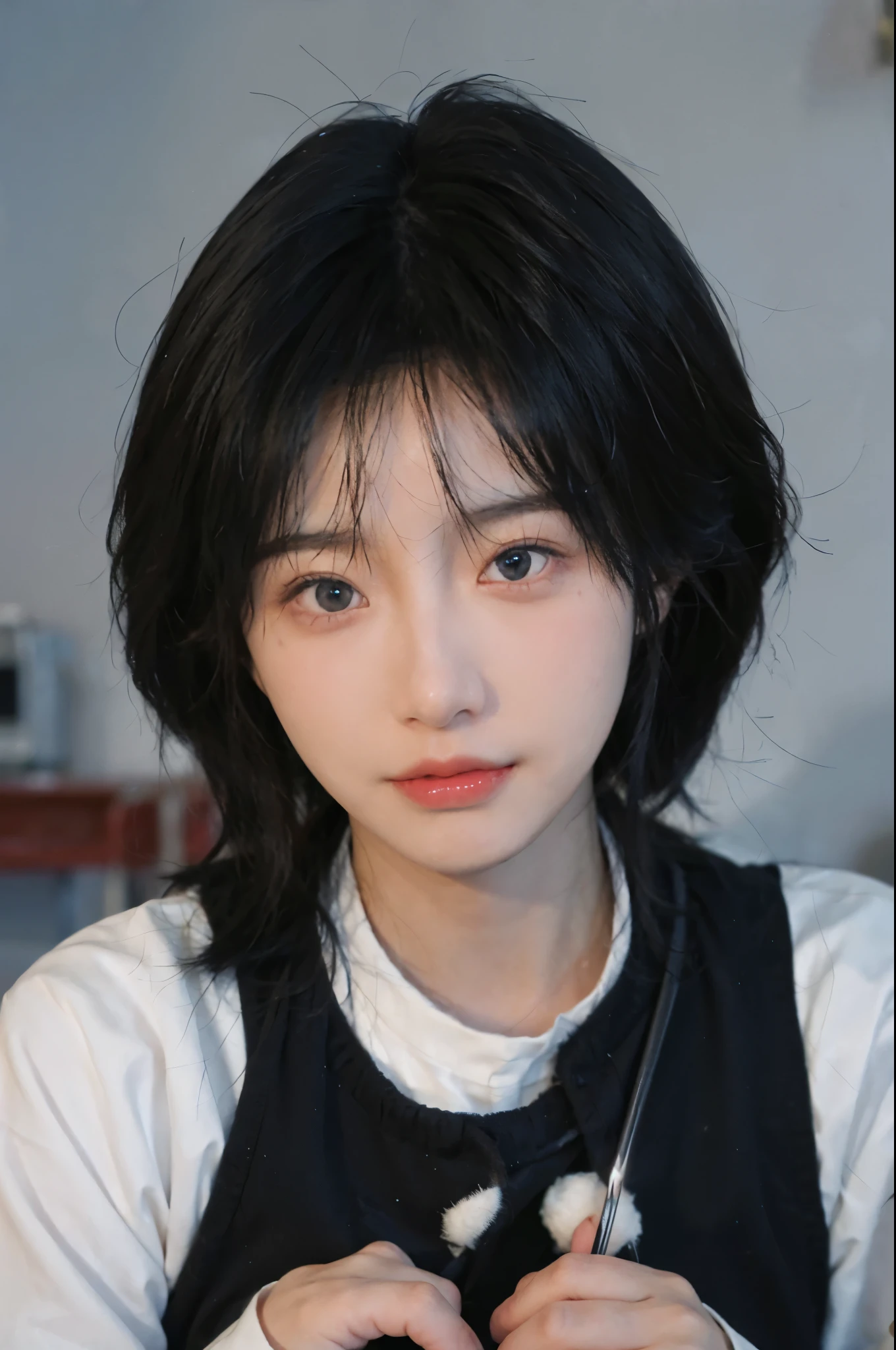 Best quality,Ultra-high resolution,(lifelike:1.4),Cute hairpin,2girll,Sparkling eyes,Short blue hair,jk,Snow-white skin,Blush,Slim beauty:1.4,,At school,Ultra-fine face,Exquisite eyes,Double eyelids,