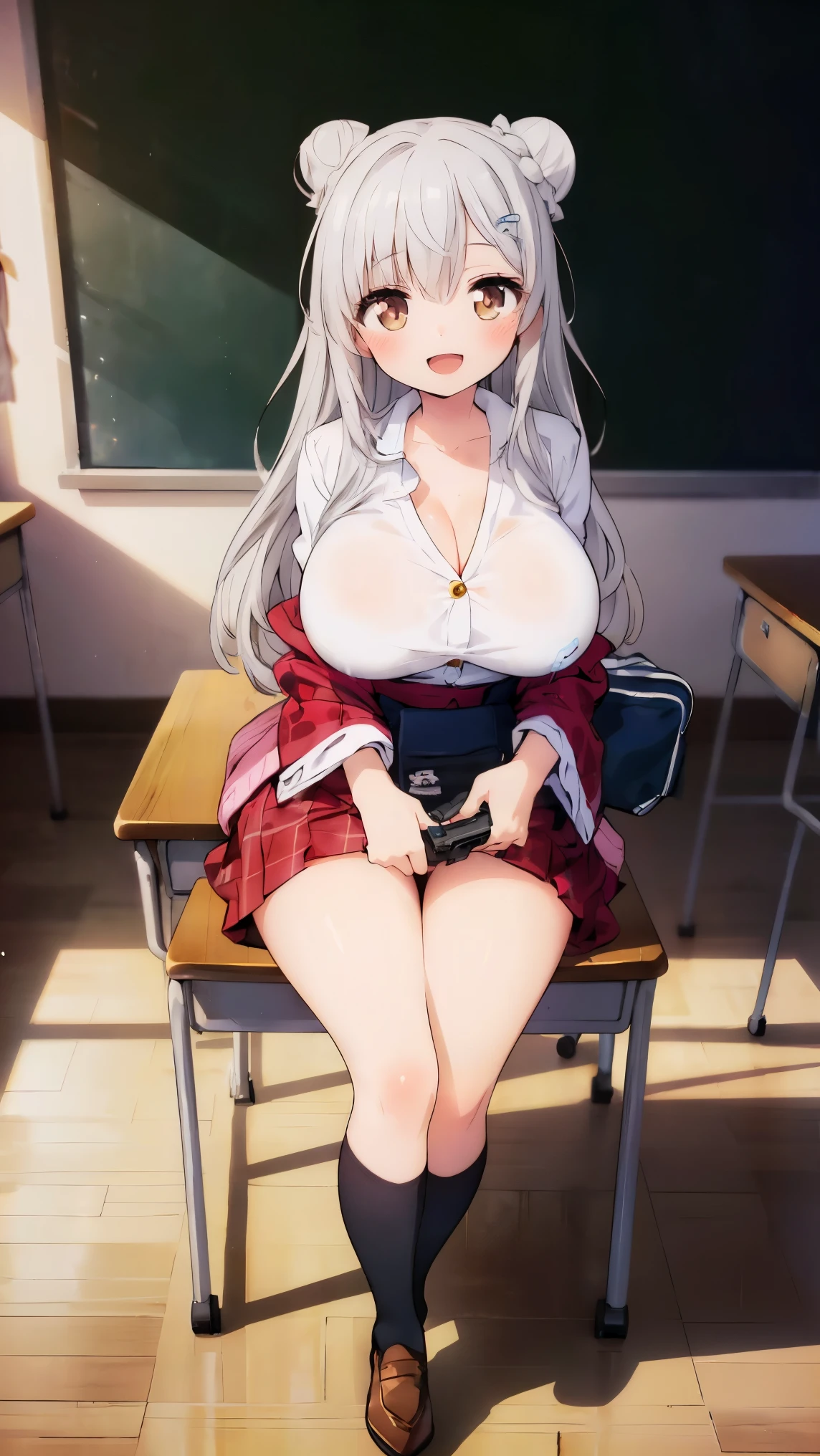 (8k, RAW photo, best quality, masterpiece, highres, absurdres, ultra detailed:1.3), (Photography, realistic, photo-realistic:1.4), (beautiful natural lighting, beautiful deatailed shadow, beautiful detailed glow :1.4), atmospheric,
BREAK 1 beautiful girl,,(kawaii:1.5),(Chibi:0.5),(cool:2),(beauty:2),(18 year old girl),(huge breasts:1.65), (A detailed eye,Tsuriformes:1.2),(Silver hair,Long hair in a bun,Deco:1.8), star eye silhouette, (long eyelashes, Double eyelids:1.2), cleavage, ,Swaying udder, Clear skin, Beautiful skin, Shy, Erect ,Clear skin, Beautiful skin, Shy, gleaming skin,(:d,blush:1.25),
BREAK,
(School Uniforms: 1.2), (pink cardigan is fit body: 1.4), (( do up a buttons, not loose): 1.5), ((long sleeve, sleeves past wrists): 1.2), (inner wear is white collared-shirt: 1.3), (red plaid-pattern bow: 1.3), (red plaid-pattern pleated skirt: 1.3), ((( dark-brown sox, loafers): 1.2), BREAK, (Classroom, a chair, desk work, lunch box on the desk: 1.8),
BREAK,
(shooting a gun in front of her, japanese idol,Epic gun fight Scene, full body shot, on right: 1.5),
BREAK wakame,wakame,wakame,(cowboy shot, from front:1.4), BREAK manga illustration,manga style,