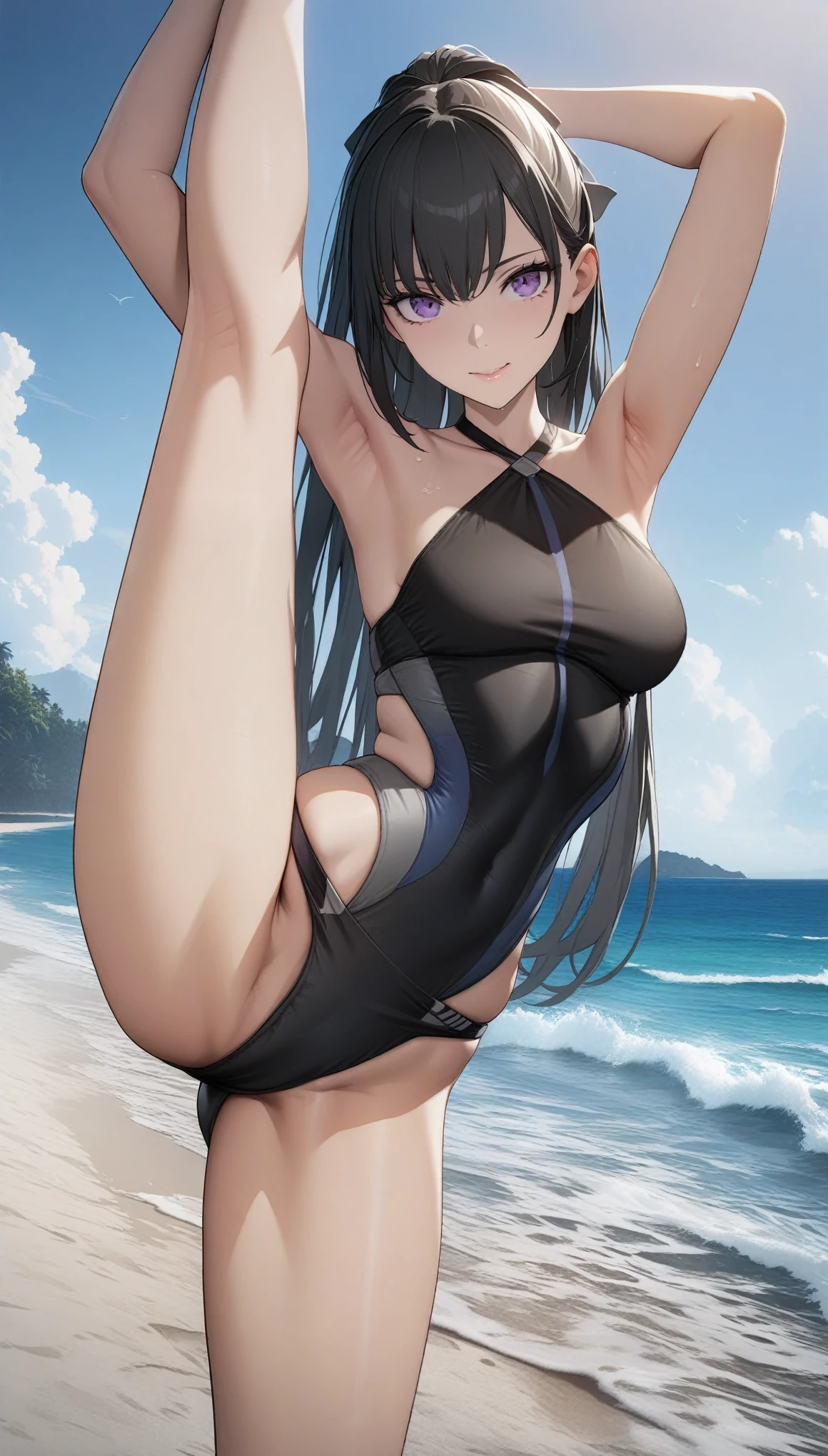 32k, best quality, ultra high res, HDR, UHD, extremely detailed CG, unity 32k wallpaper, One girl,High resolution,  high quality,  masterpiece, Purple eyes, Skimpy swimsuit, Black swimsuit, Beach, Long black hair, 