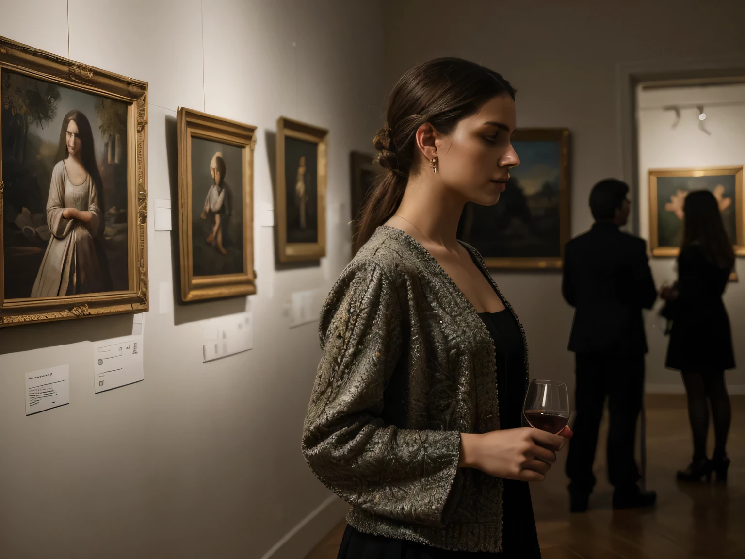 a fashionable person attending an art gallery, holding a wine glass, detailed landscape and nature paintings on the wall, intricate sculptures, elegant attire, serene atmosphere, dramatic lighting, masterful brushwork, photorealistic, ultra-detailed, 8k, cinematic, dramatic composition, moody colors, chiaroscuro, mystical ambiance, hyperrealistic