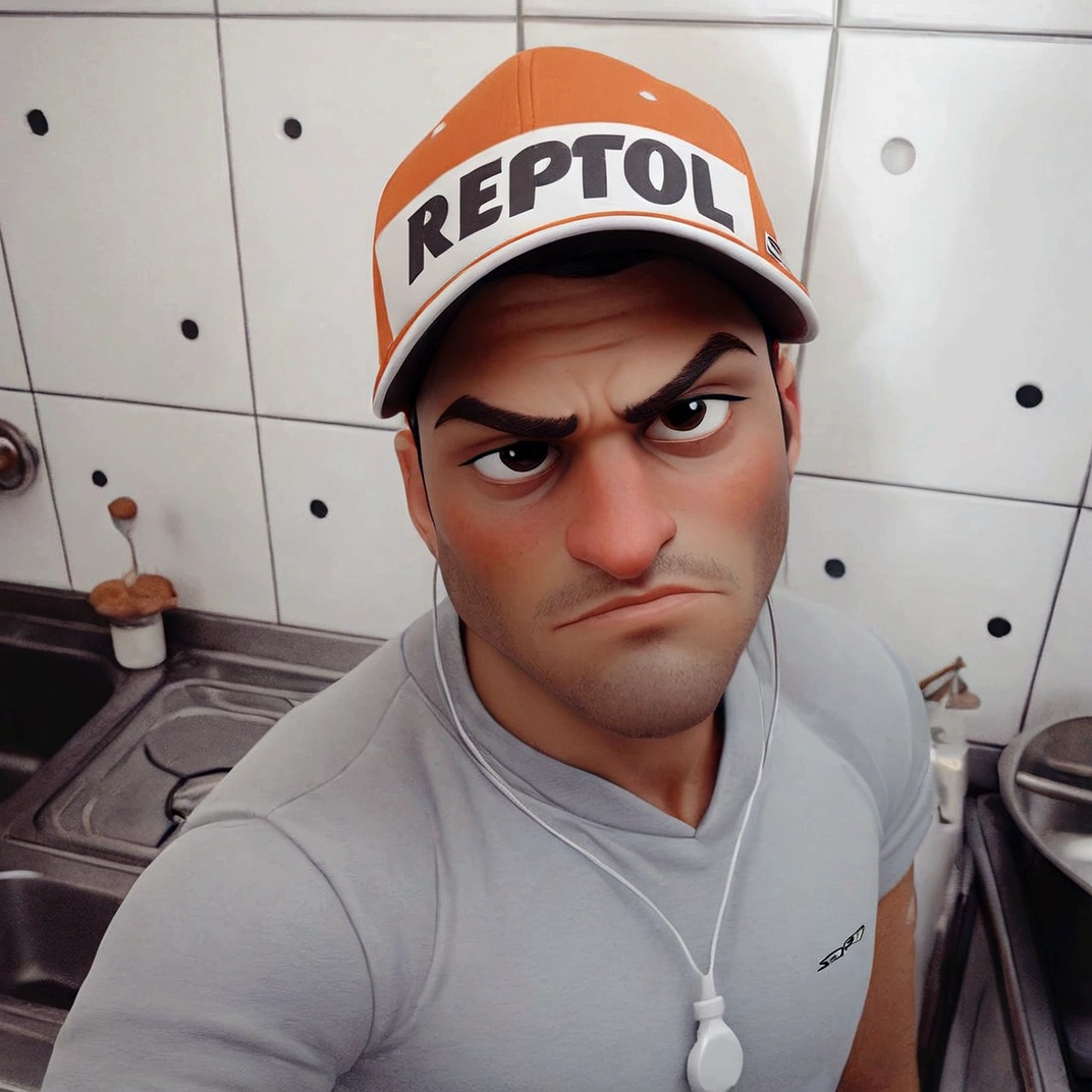 there is a man wearing a cap and headphones in a kitchen, mateus 9 5, inspirado em Nathan Oliveira, david rios ferreira, Simon Raven, caio santos, ismail, perez fabian, Repsol Honda, Andreia, inspired by Antônio Parreiras, foto realista, Mohamed Reda, icaro carvalho