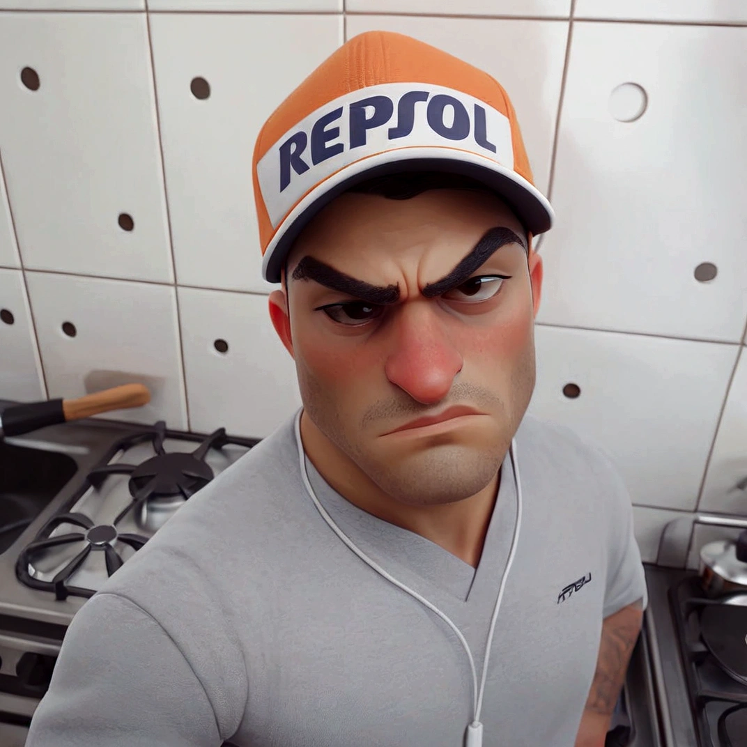 there is a man wearing a cap and headphones in a kitchen, mateus 9 5, inspirado em Nathan Oliveira, david rios ferreira, Simon Raven, caio santos, ismail, perez fabian, Repsol Honda, Andreia, inspired by Antônio Parreiras, foto realista, Mohamed Reda, icaro carvalho