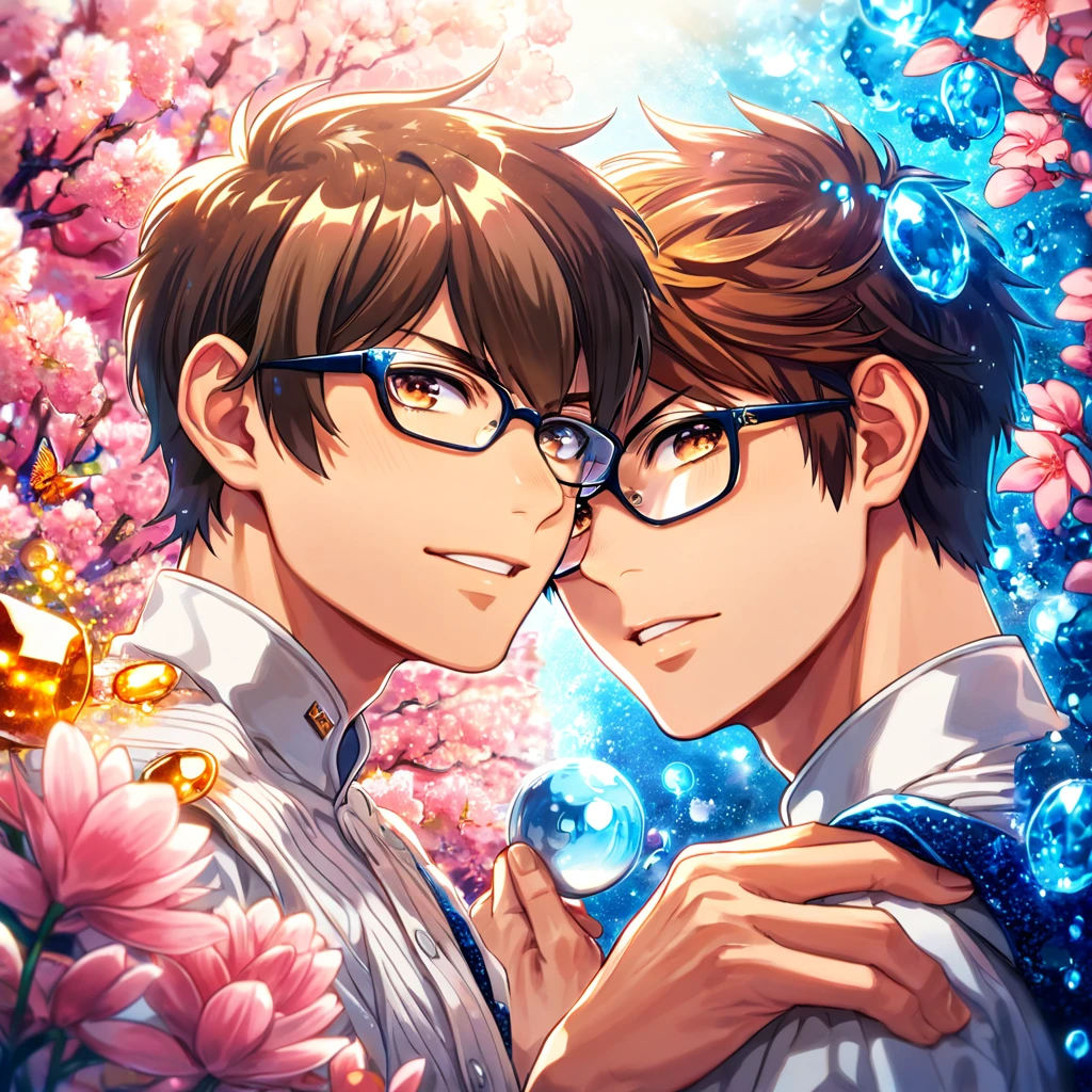 absurdres, highres, ultra detailed, HDR, master piece, best quality, extremely detailed face, delicated features, Sawamura Eijun, brown hair, expressive brown eyes, Diamond No Ace, Miyuki Kazuya, glasses, brown hair, expressive amber eyes, two sexy men together, gay couple, yaoi, handsome, white baseball uniform, water, blossoms, pink flowers, pink butterflies, fantasy, magic, radiant