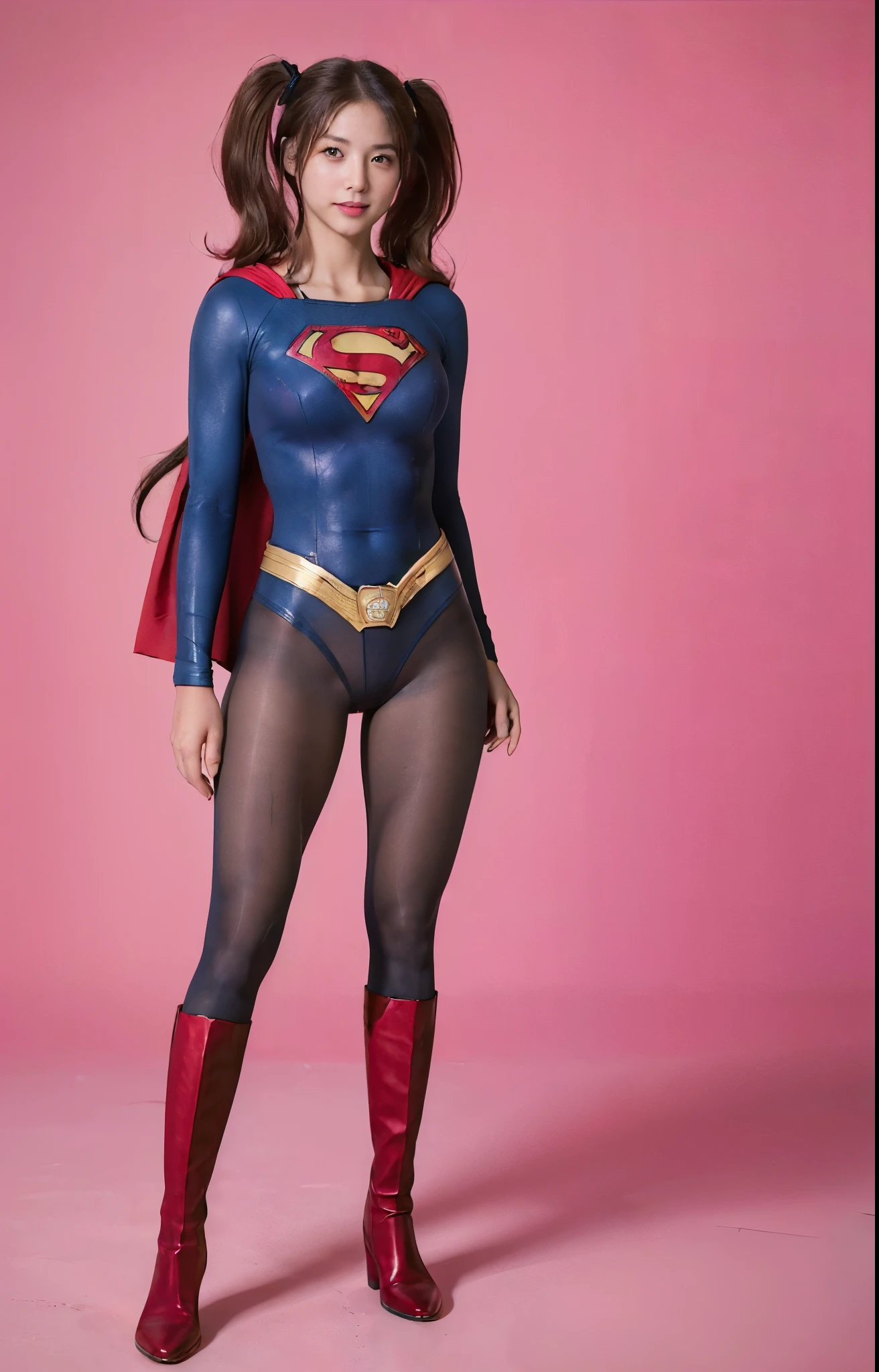 No background、(((Beautiful legs in black tights.)))、(((Legally express the beauty of your smile)))、((((Make the most of your original images)))、(((体にぴったりフィットするSupergirl Costume)))、(((Supergirl Costume)))、(((Beautiful hair with twin tails)))、(((suffering)))、(((Please wear black tights....、Wear red boots)))、((Best image quality、8k))、((highest quality、8k、masterpiece:1.3))、(((Preserve background )))、Sharp focus:1.2、Beautiful woman with perfect figure:1.4、Slim Abs:1.2、Wet body:1.5、Highly detailed face and skin texture、8k
