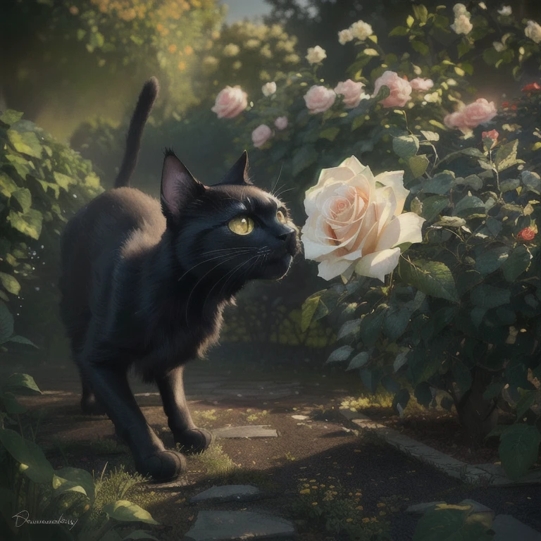there is a black cat standing in a garden with a rose, adorable digital painting, photorealistic disney, beautiful digital artwork, ultra realistic 3d illustration, by Alexander Kucharsky, 🌺 cgsociety, realistic fantasy render, highly realistic photo, ultra realistic picture, photorrealistic concept art, realistic picture, beautiful realistic photo, realistic art, highly realistic digital art